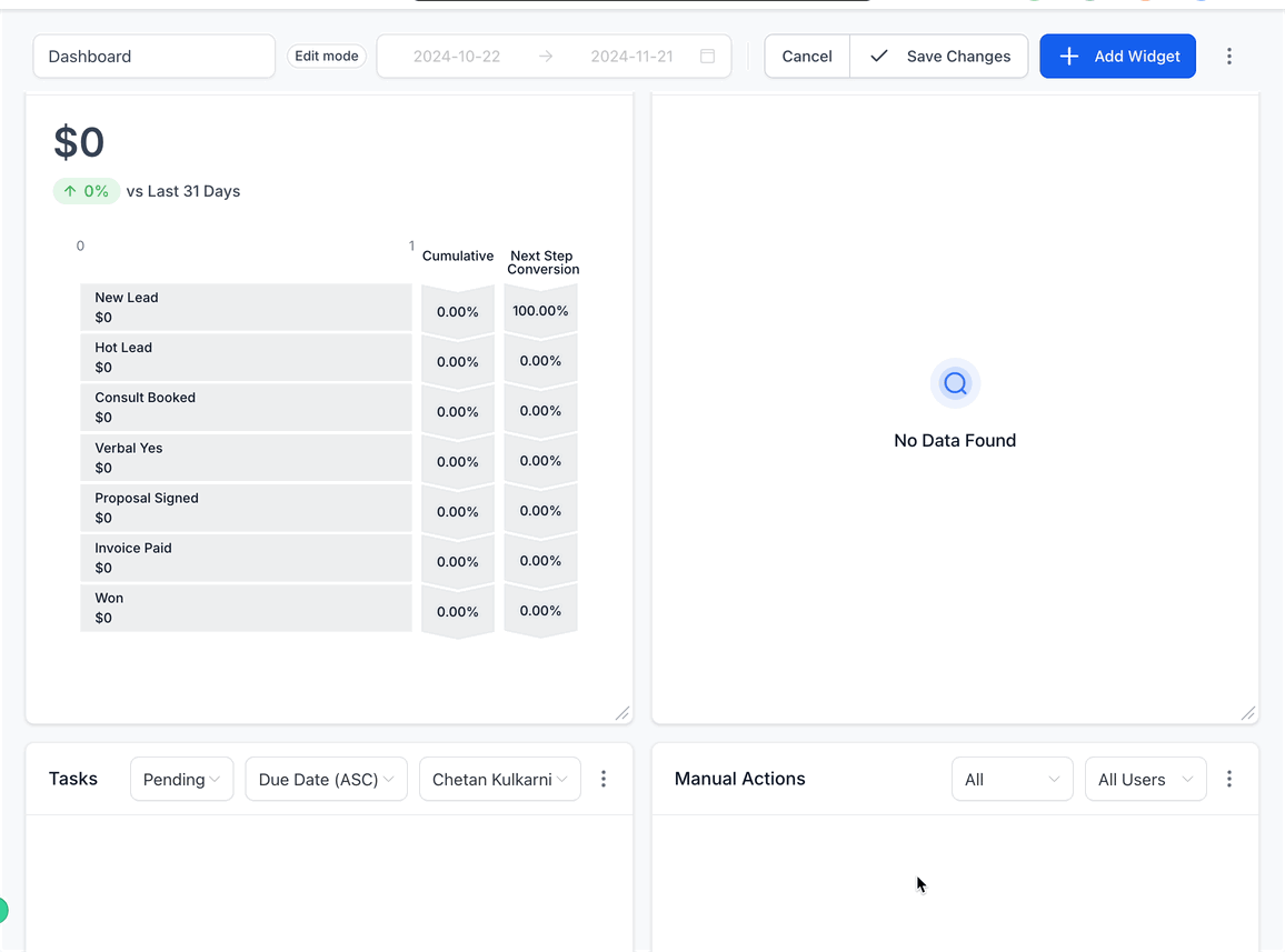GIF che mostra come ridimensionare e organizzare i widget sulla dashboard.