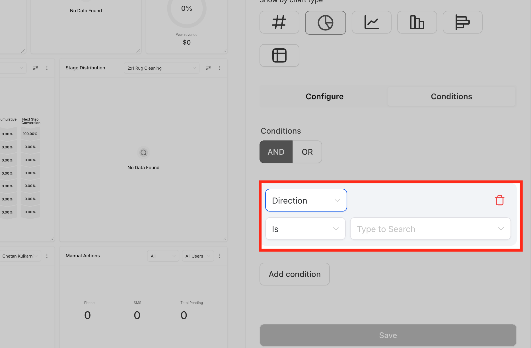 Scelta di filtro, operatore e parametri per una condizione in Futuria CRM.