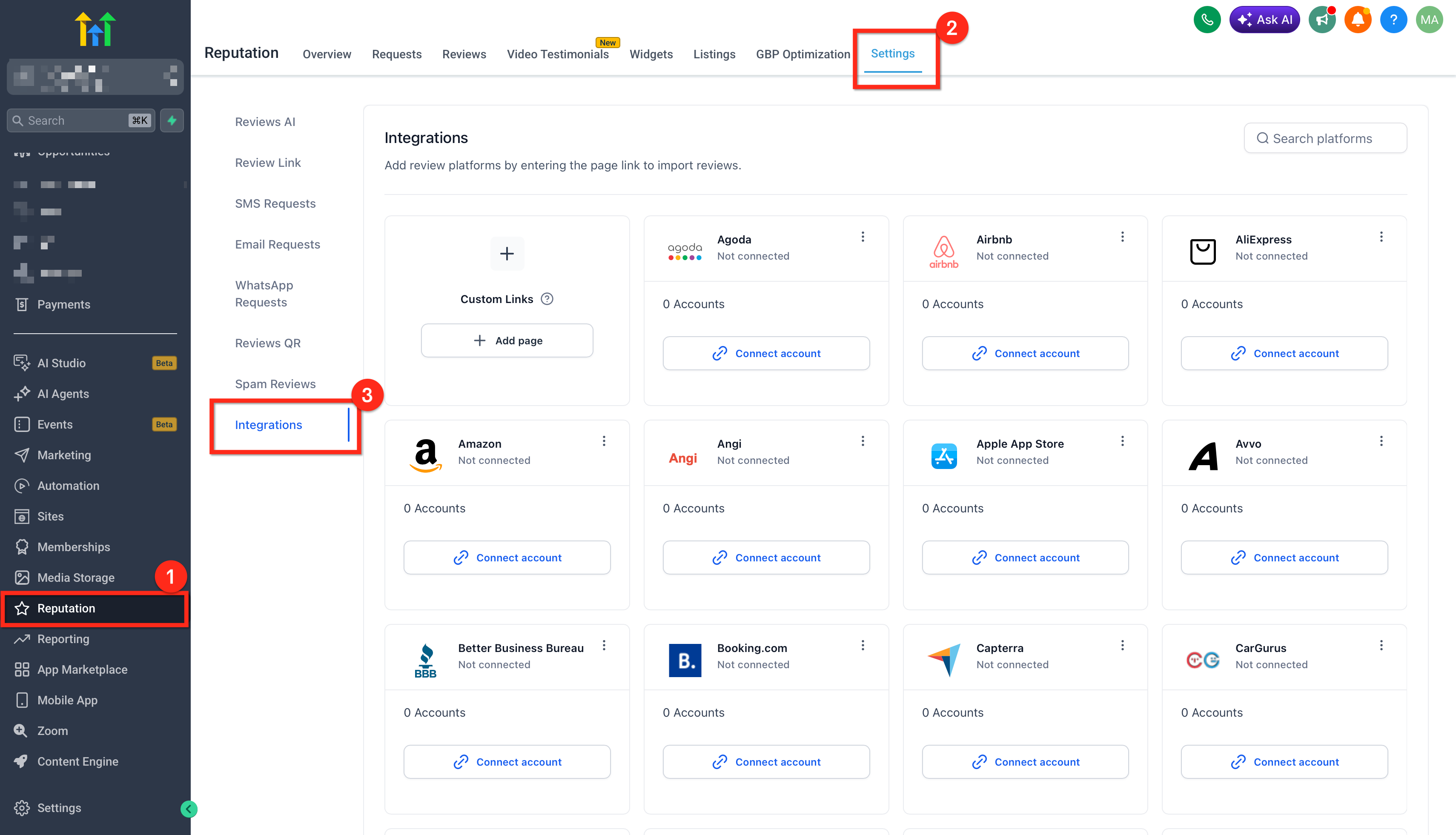 Schermata della sezione Integrazioni per la gestione della reputazione in Futuria CRM.