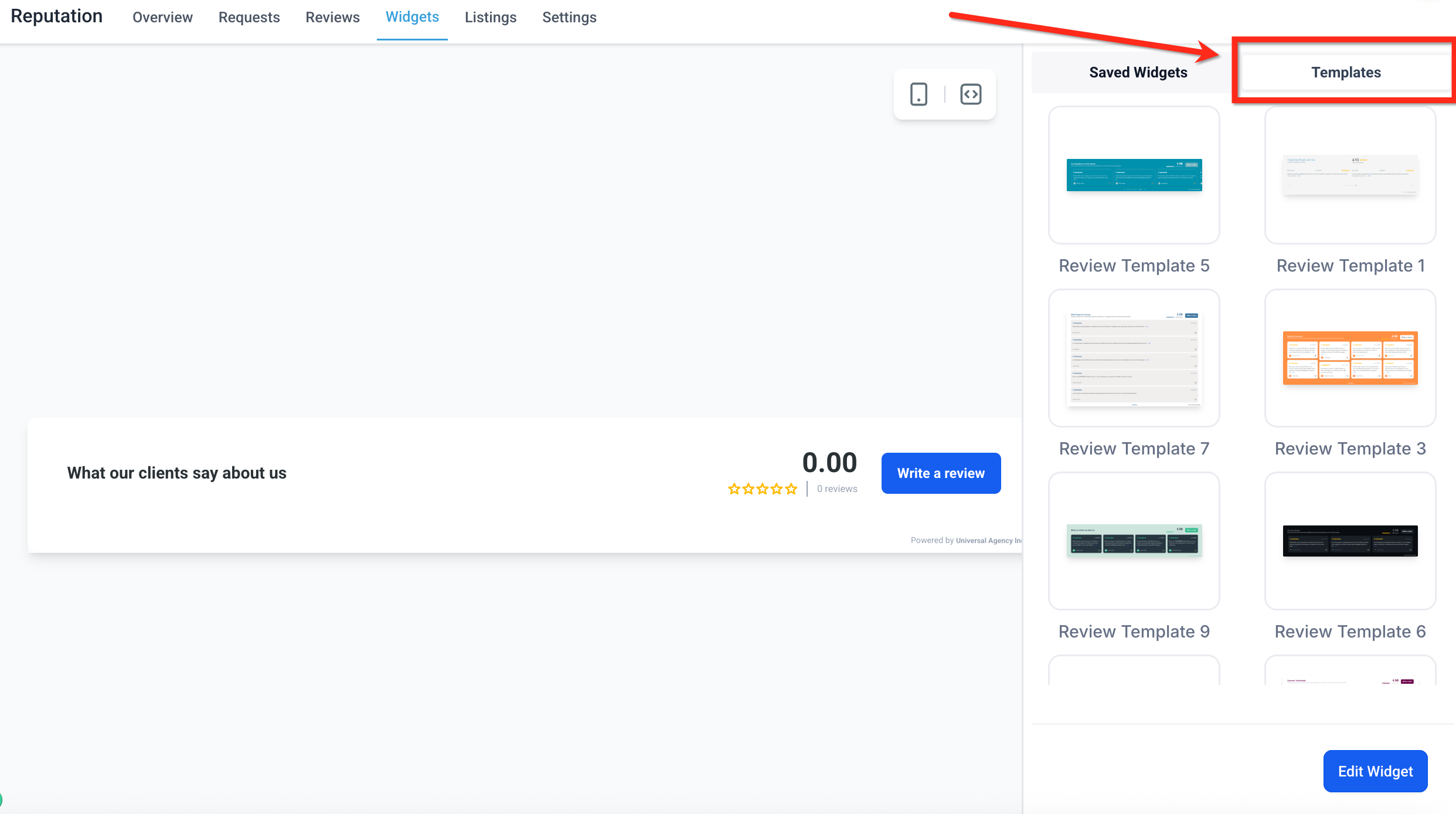 Selezione di un modello predefinito per il widget delle recensioni.