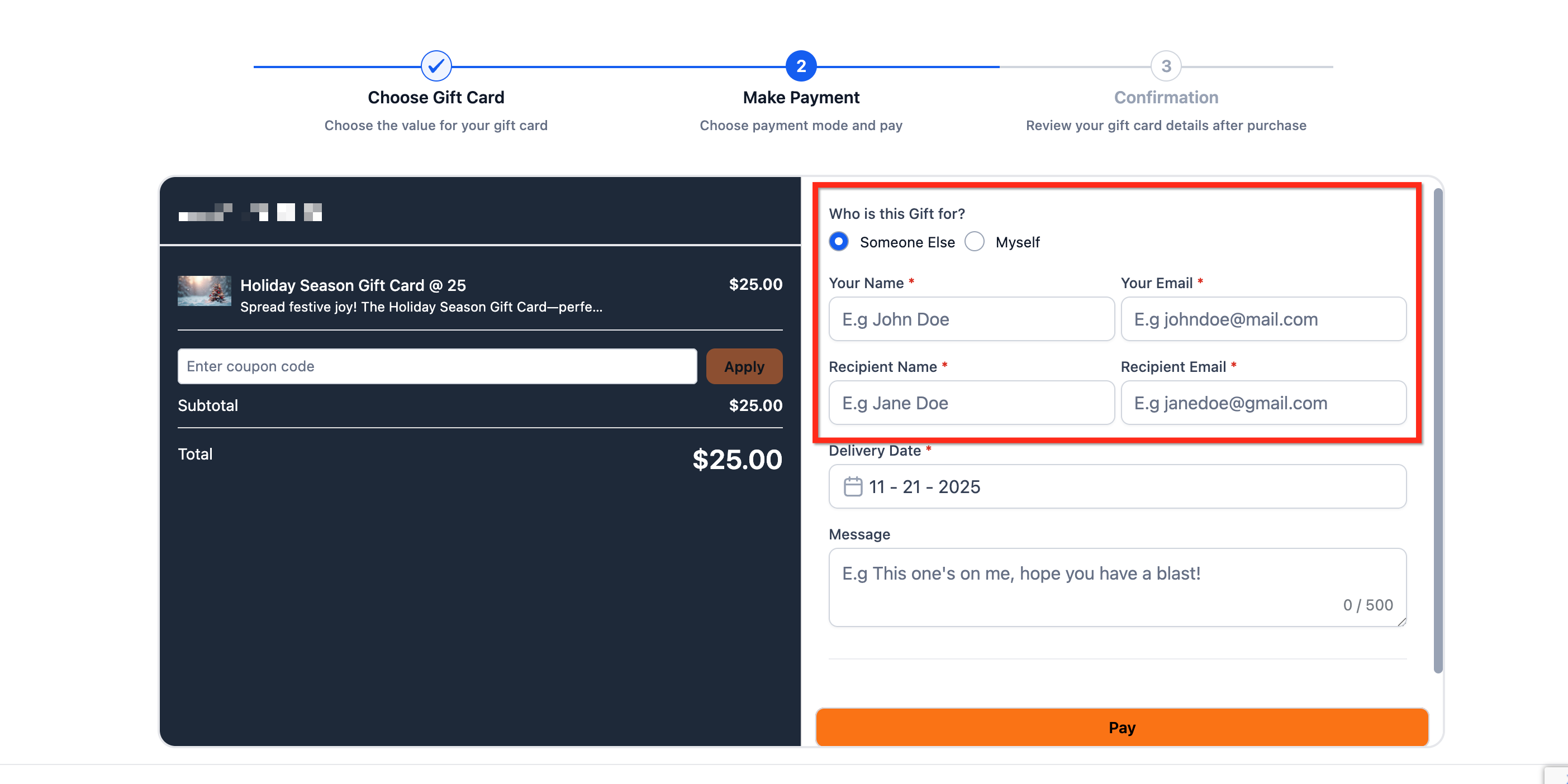 Campi del checkout per acquistare una gift card per un'altra persona.