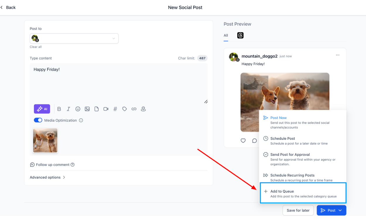 Aggiunta di post a una coda direttamente dal compositore di post.