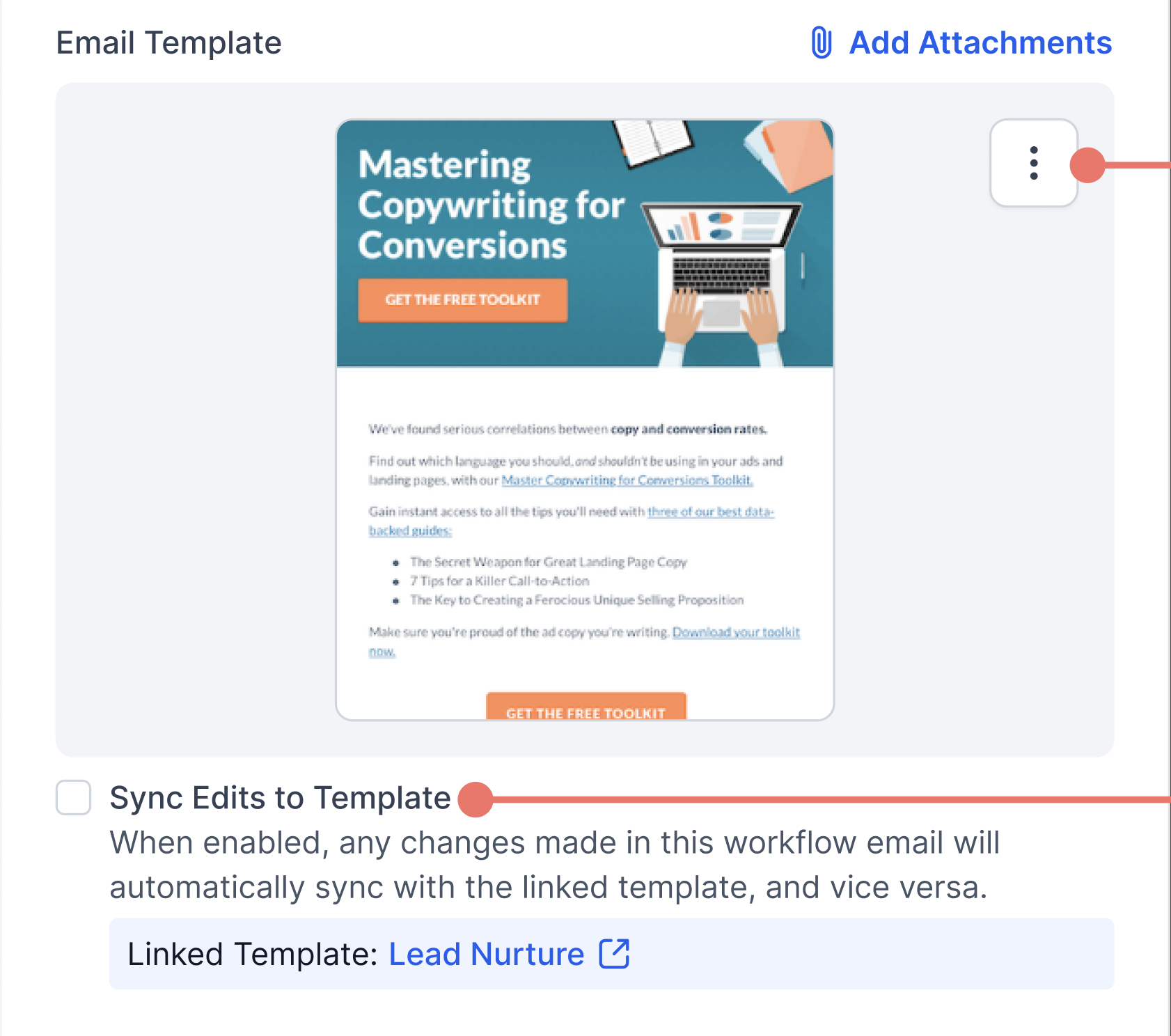 Casella di spunta 'Sincronizza modifiche con il template' nell'editor di automazioni di Futuria CRM.