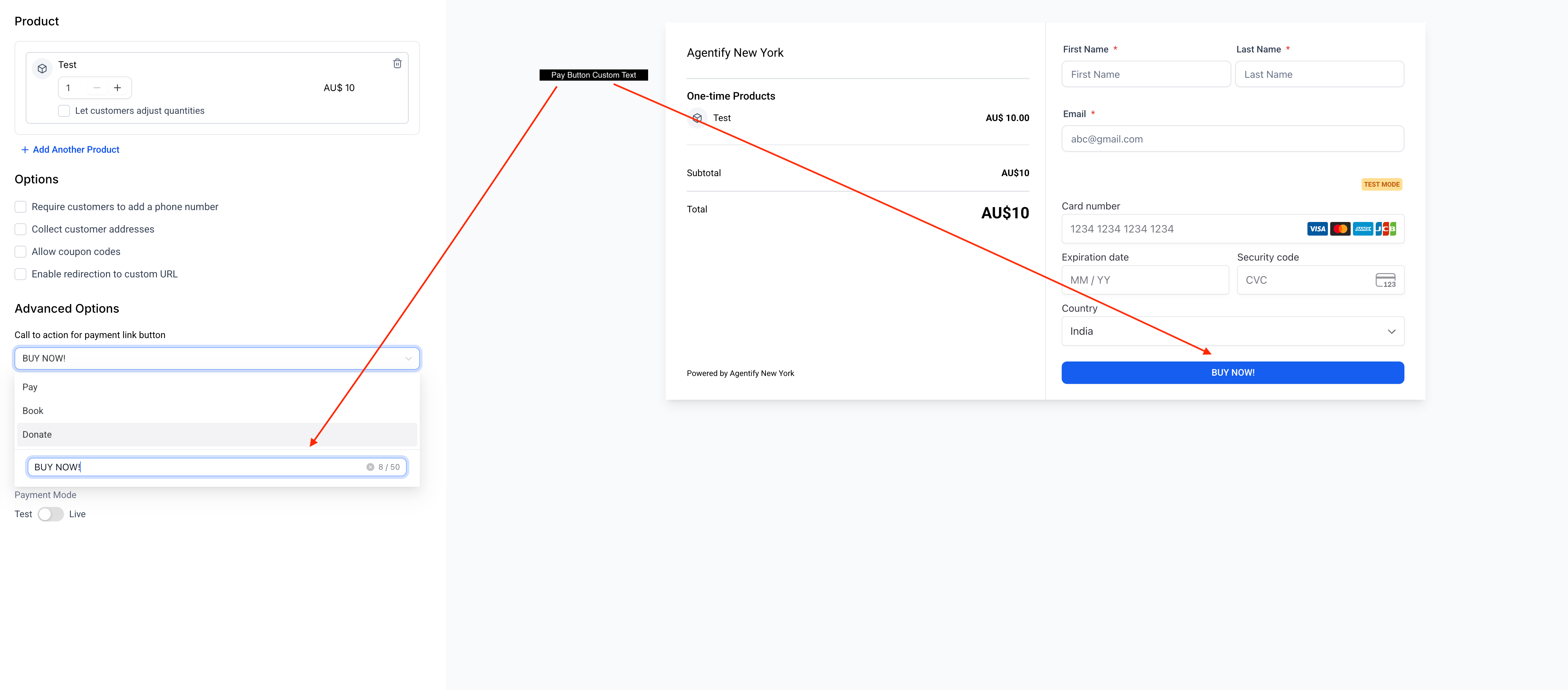 Schermata dell'editor dei link di pagamento di Futuria CRM che mostra l'opzione per inserire un testo personalizzato per il pulsante di checkout.