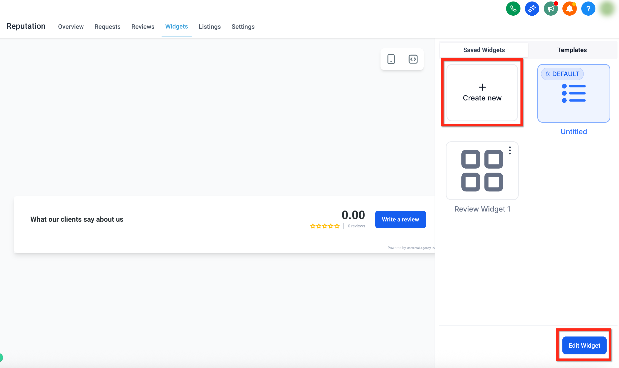 Creazione di un nuovo widget per le recensioni o modifica di uno esistente.