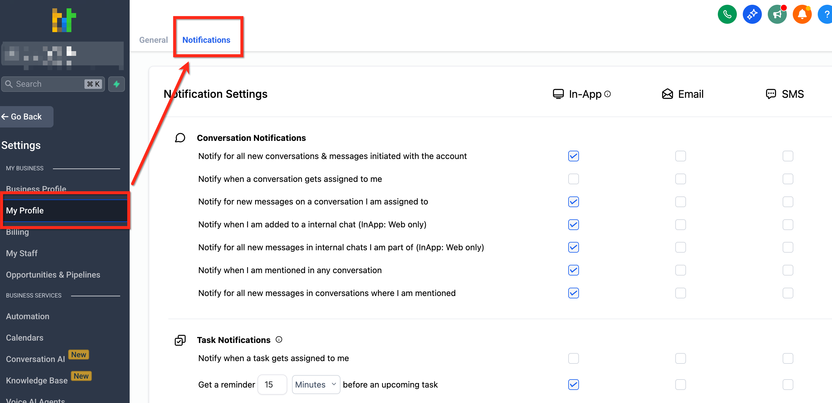 Schermata delle impostazioni del profilo utente in Futuria CRM, con la scheda Notifiche evidenziata.