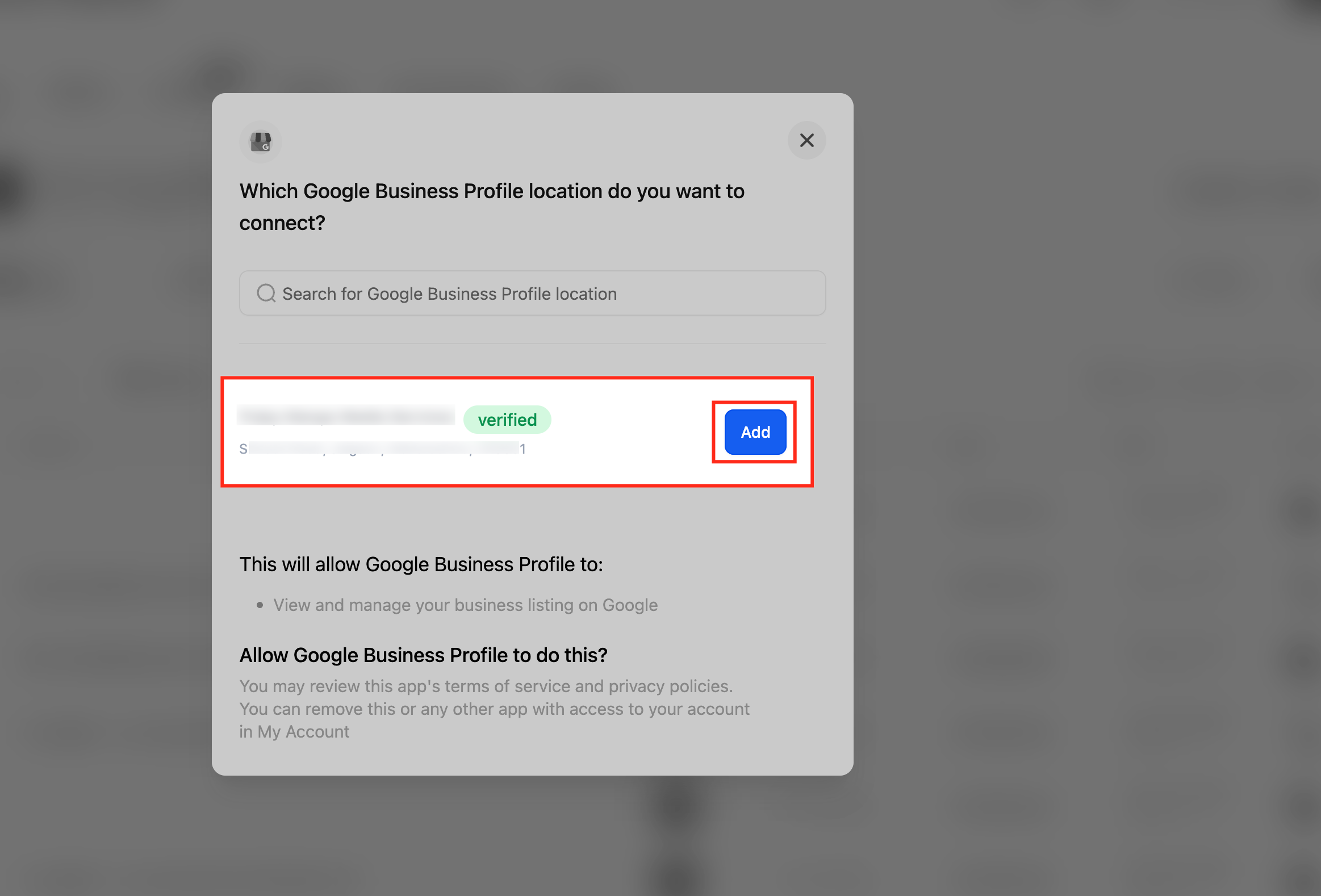 Scelta della sede del profilo Google Business da collegare.
