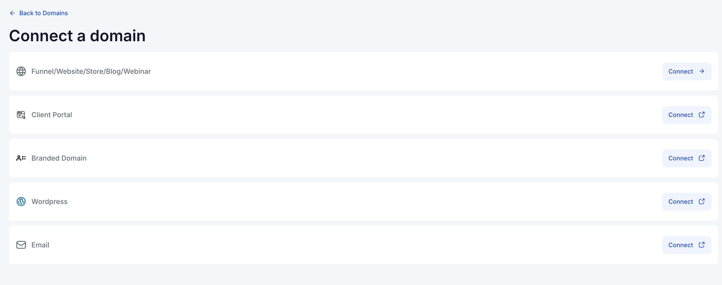 Schermata di selezione del prodotto da collegare al dominio in Futuria CRM.