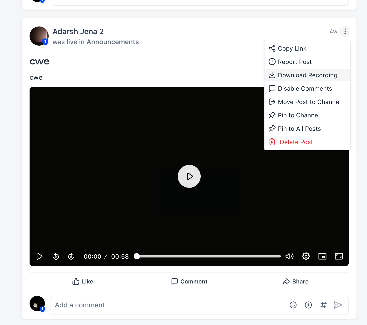 Menu per scaricare una registrazione direttamente da un post della community.