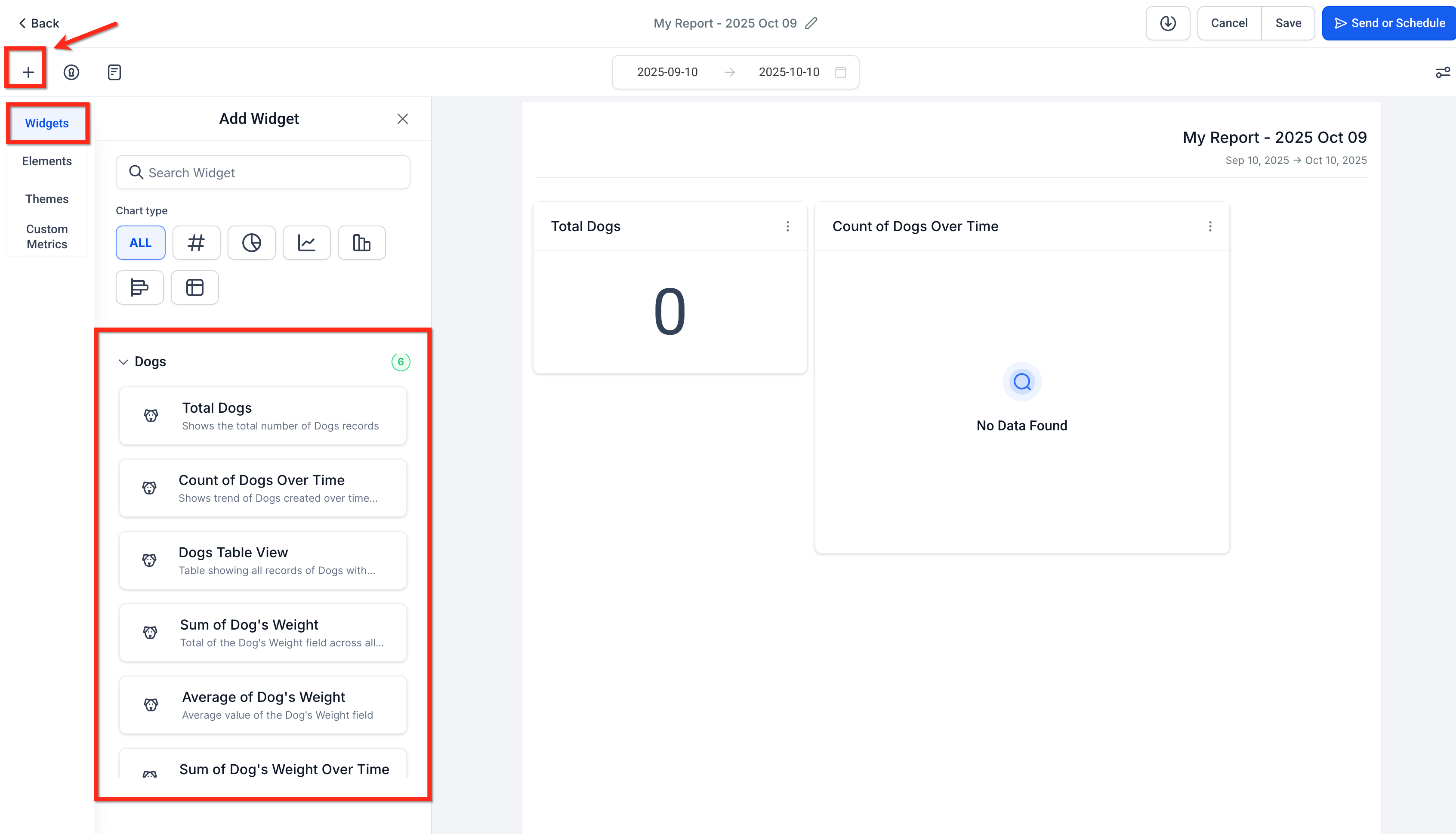 Trascinamento di un widget per oggetti personalizzati nell'area di lavoro del report.