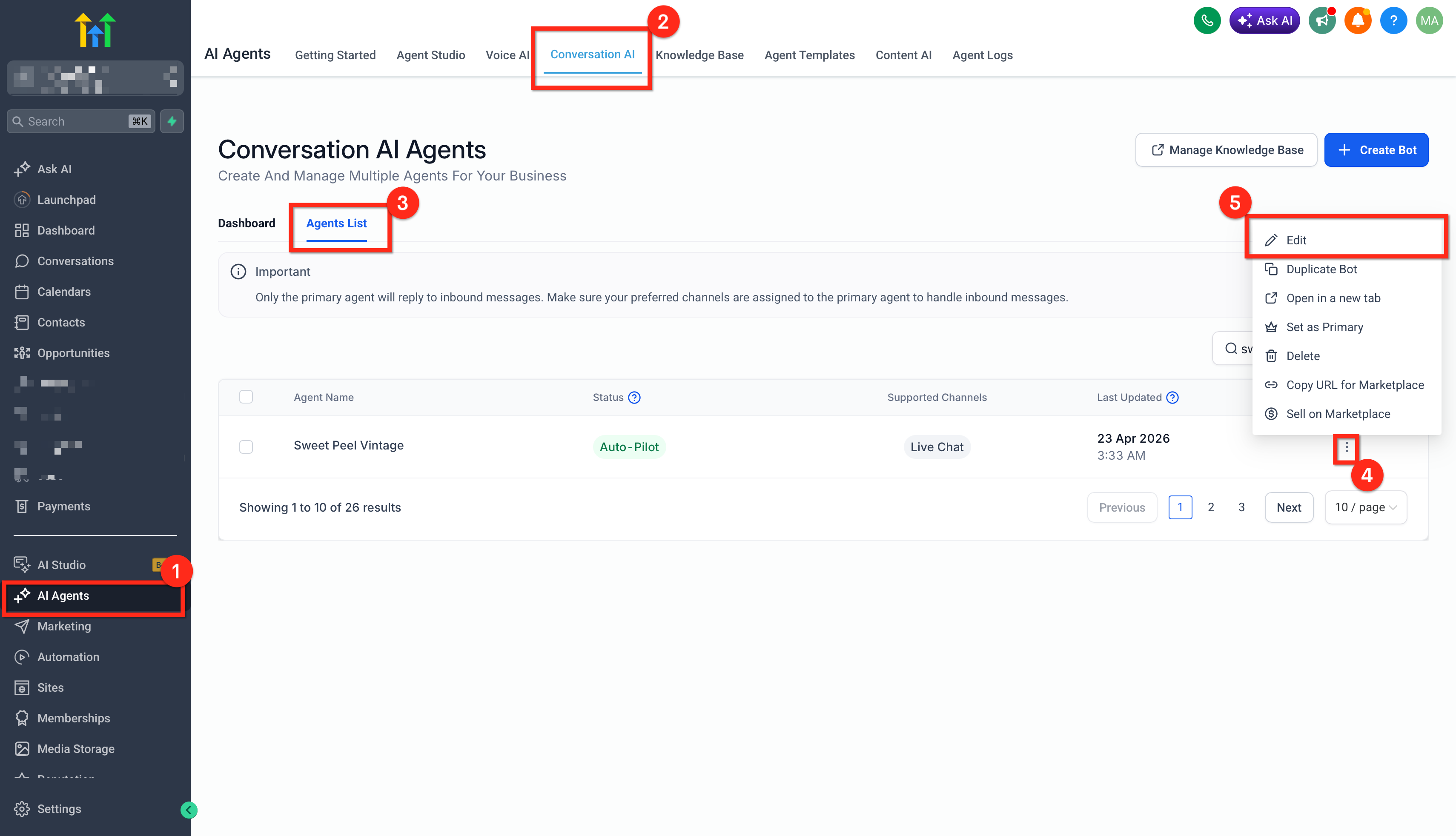 Modifica delle impostazioni di un Agente AI.