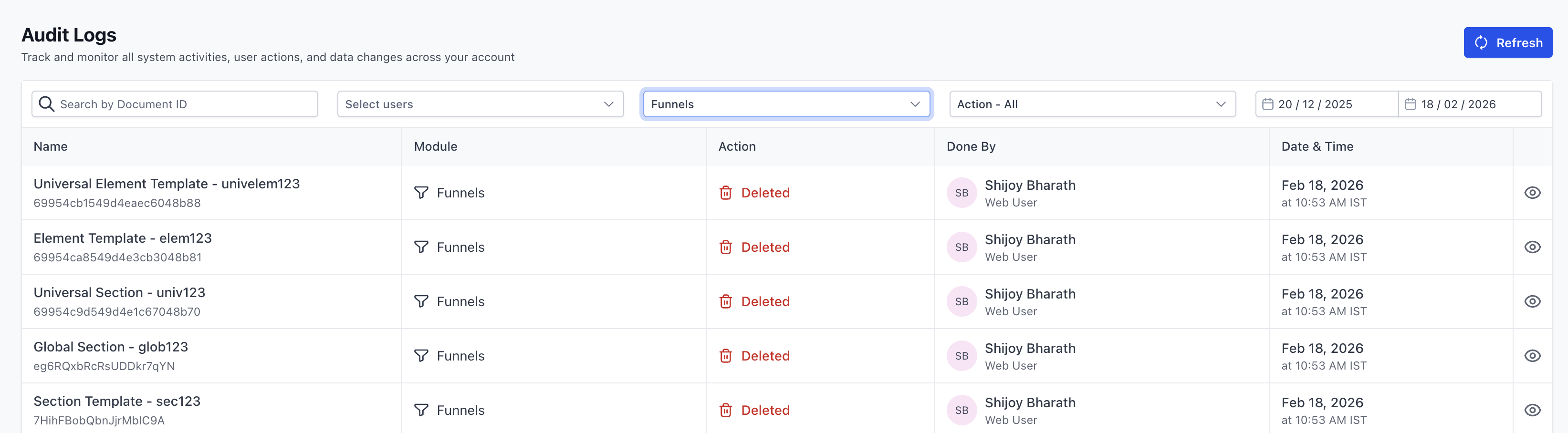 Log di controllo che mostra l'eliminazione di un elemento del page builder