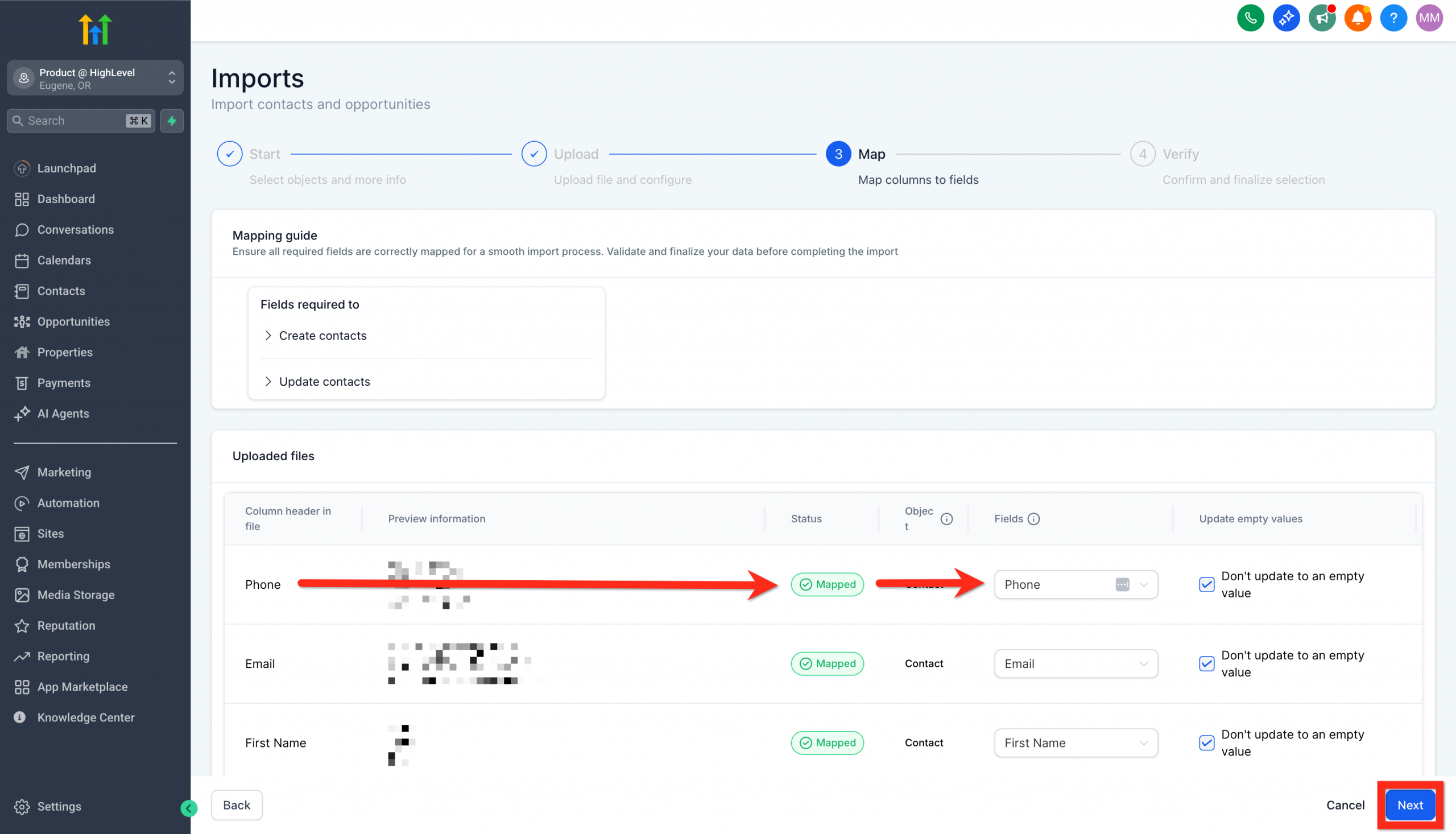 Mappatura delle colonne del file con i campi dei contatti in Futuria CRM