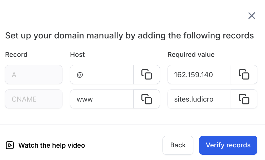 Elenco dei record DNS da aggiungere nel registrar del dominio.