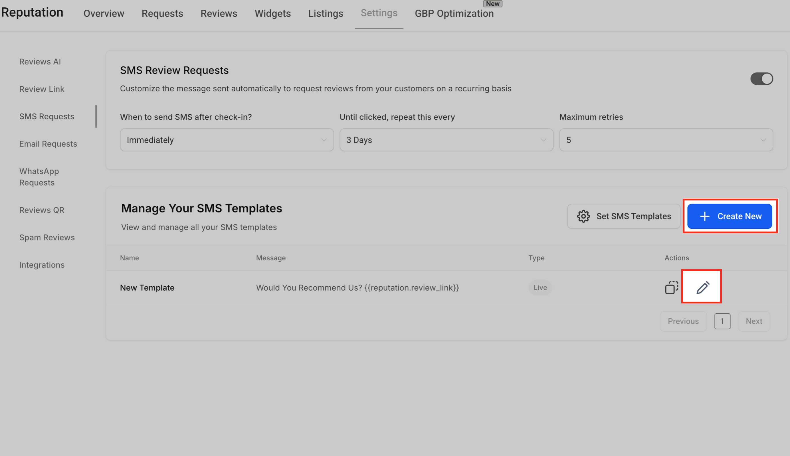 Passo 3: Creazione di un nuovo modello SMS per la richiesta di recensione.