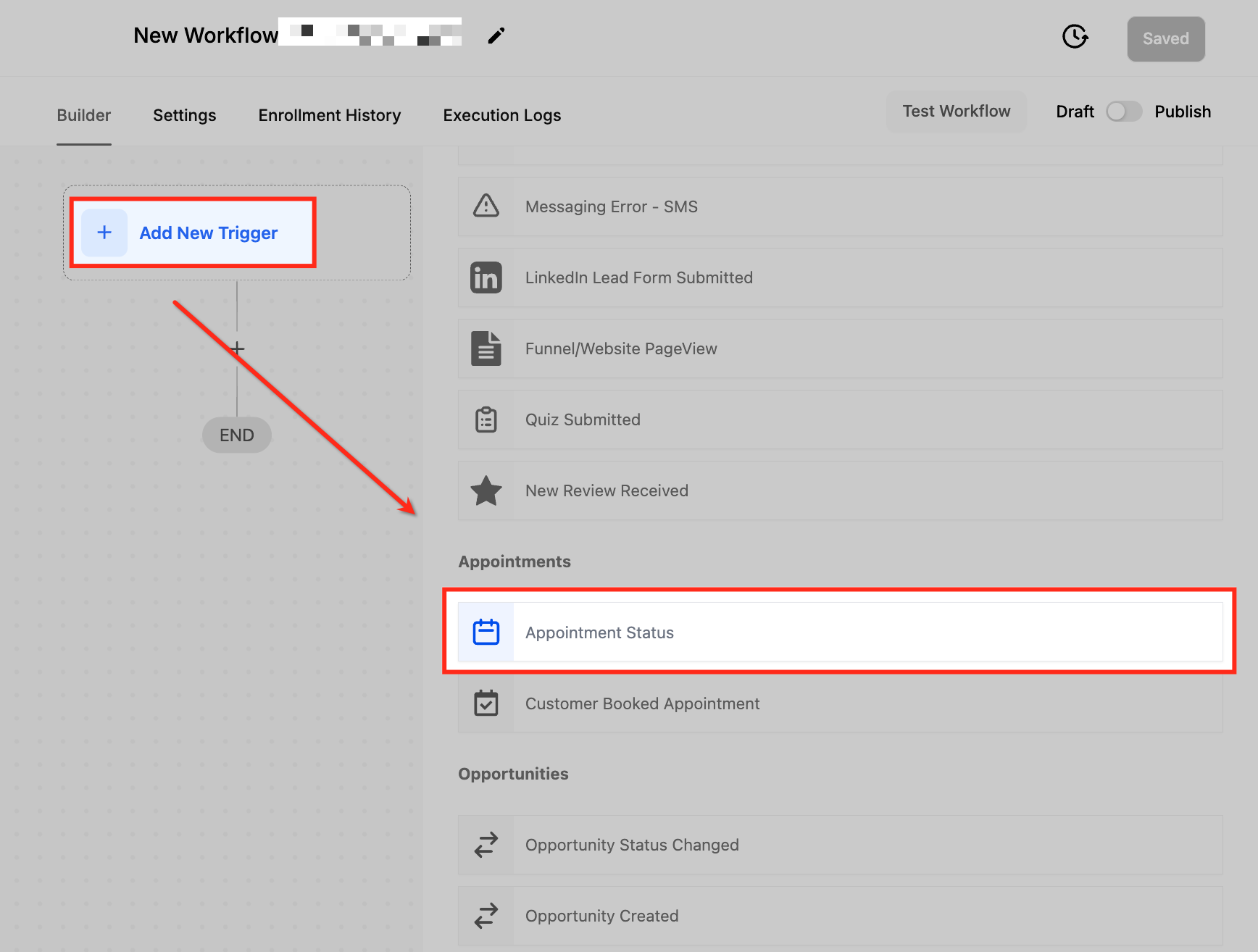 Selezione del trigger Stato Appuntamento nel builder di workflow.
