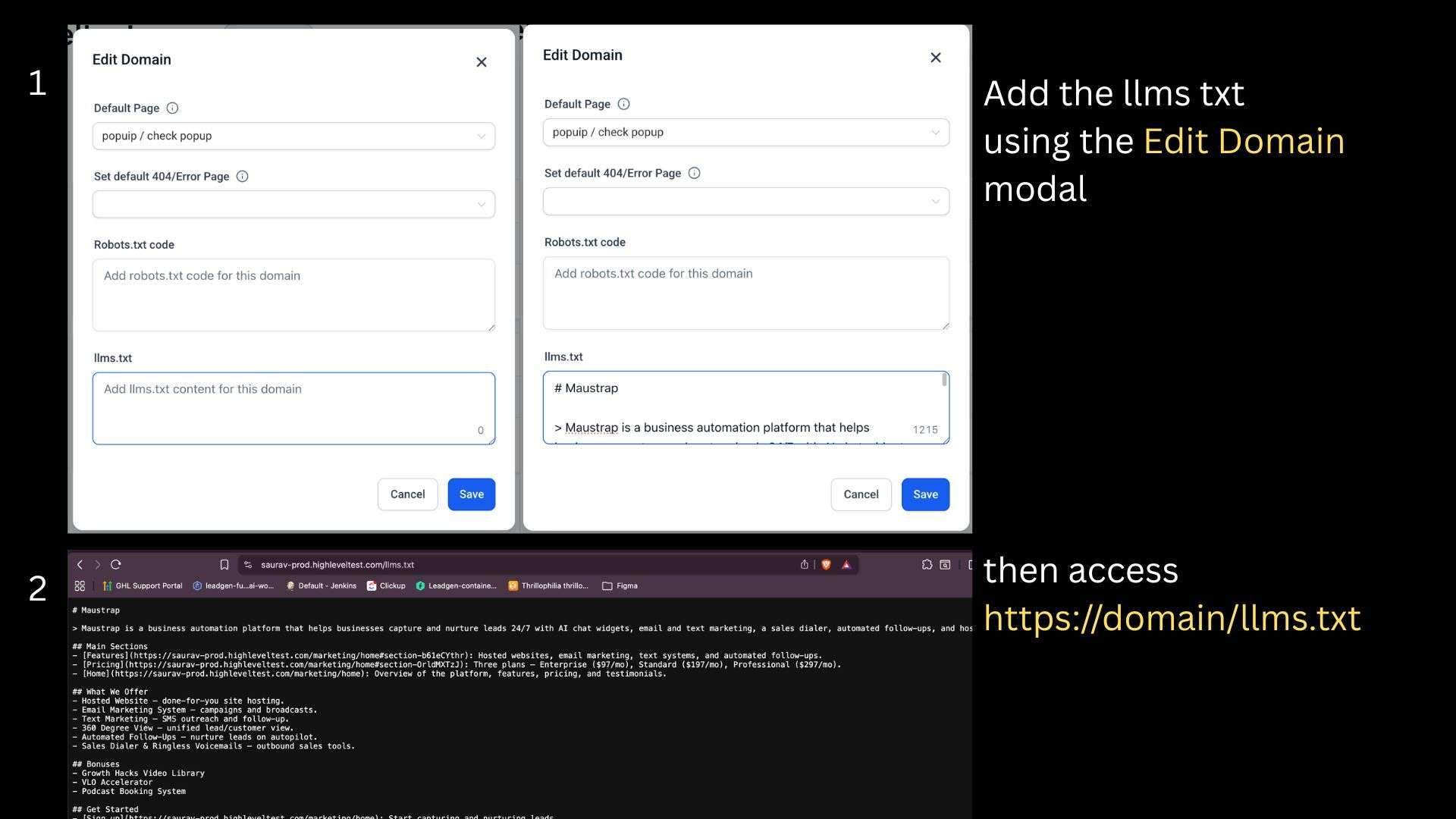 Schermata delle impostazioni di dominio in Futuria CRM che mostra la sezione per modificare il file llms.txt.