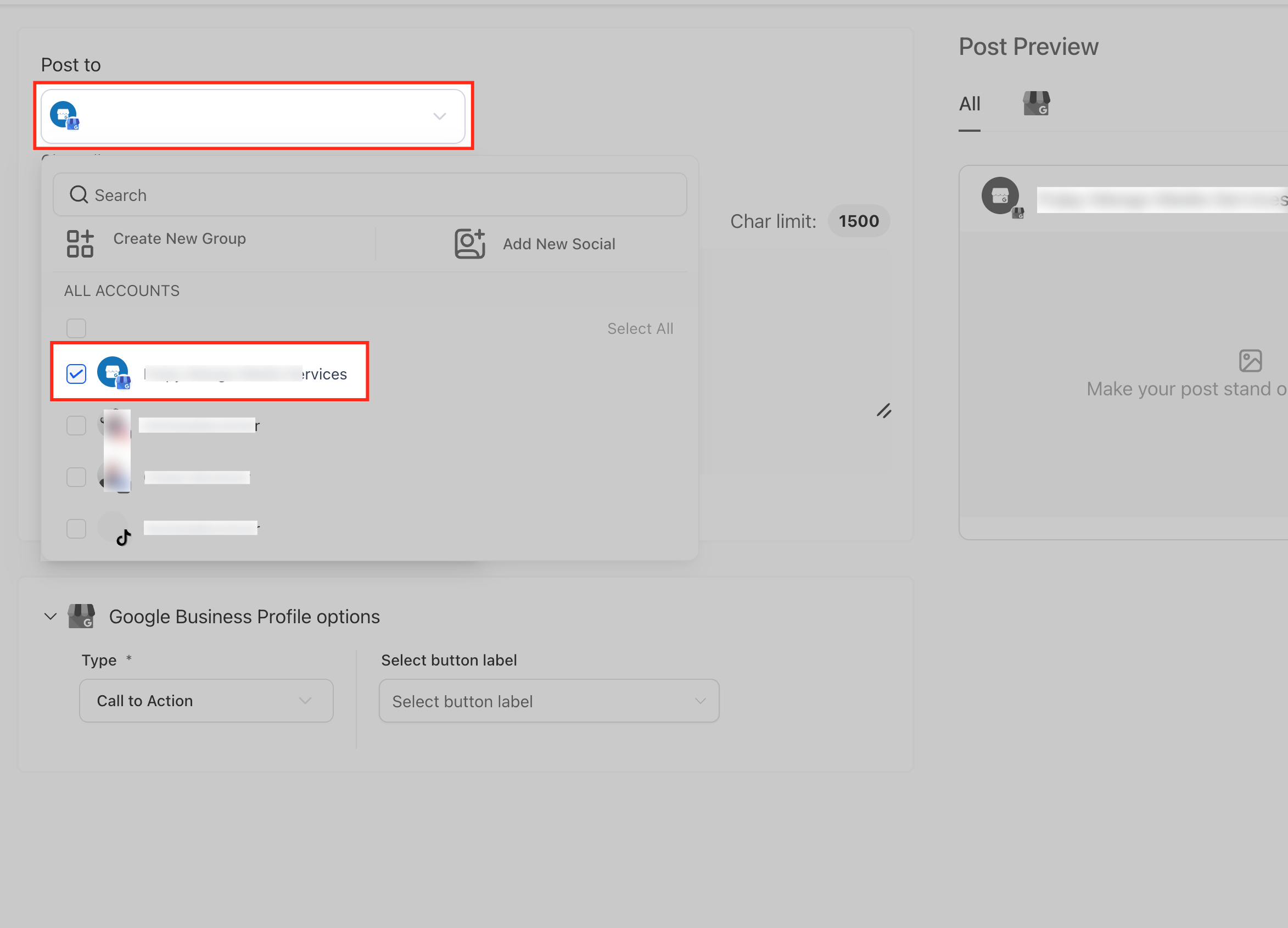 Selezione del profilo Google Business su cui pubblicare il post.