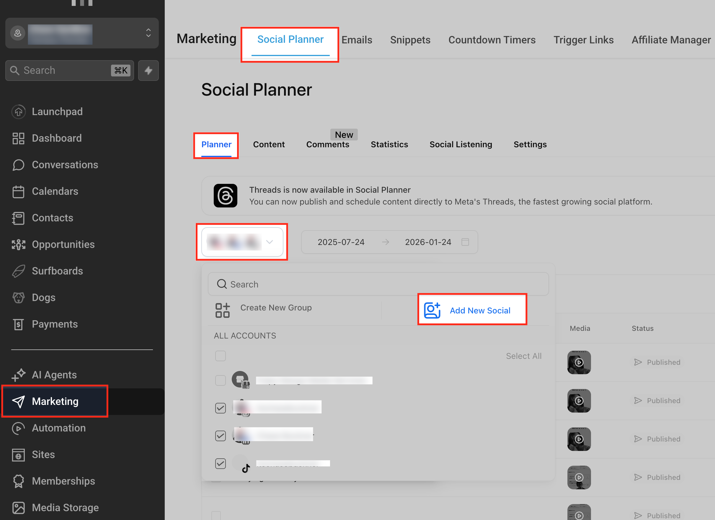 Come aggiungere un nuovo profilo social dal Social Planner di Futuria CRM.