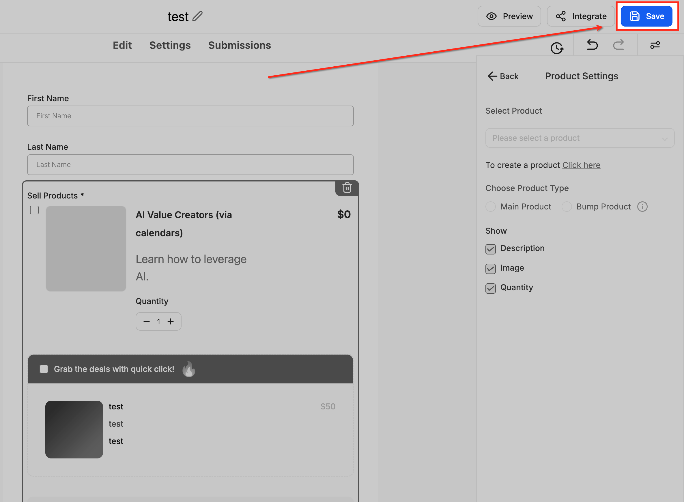 Salvataggio del prodotto configurato all'interno del form.