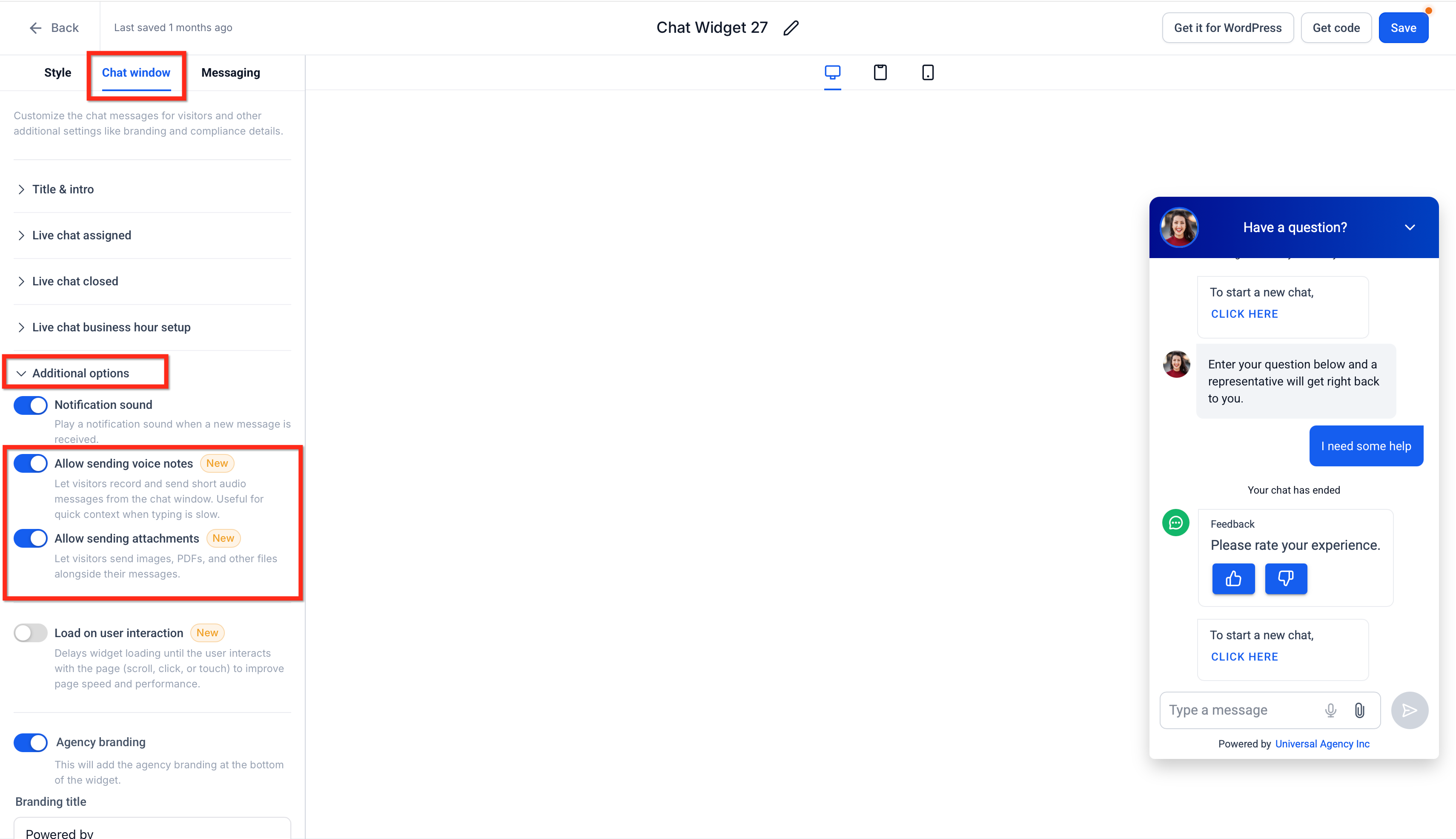 Opzioni per abilitare allegati e note vocali nel widget di chat.