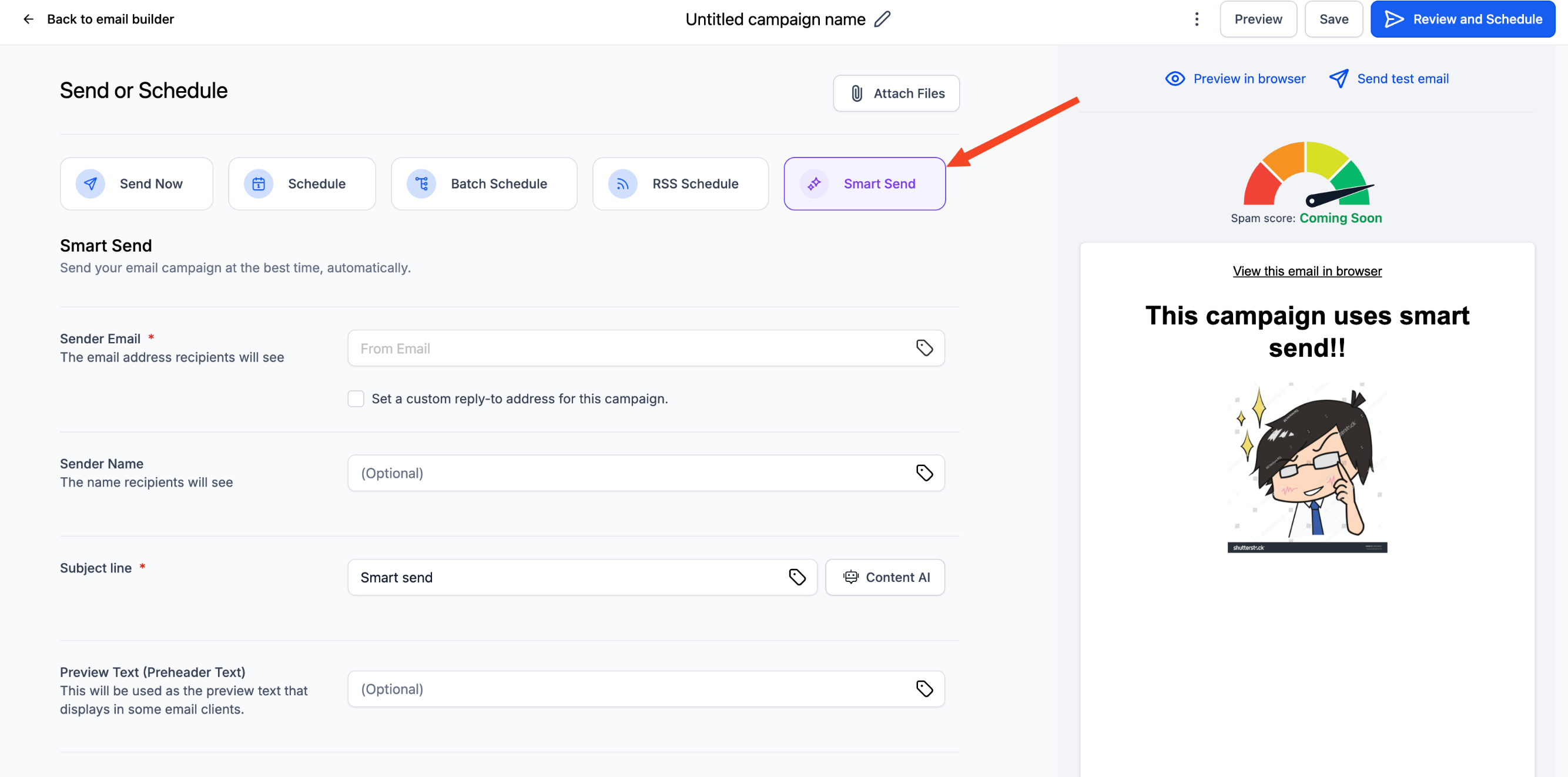 Selezione dell'opzione di invio 'Smart Send' per una campagna email.