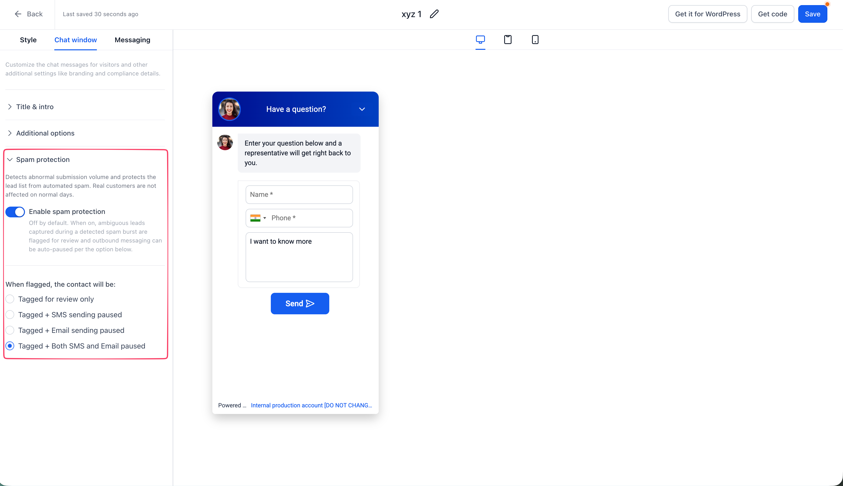 Attivazione della protezione anti-spam nel builder del Chat Widget di Futuria CRM.