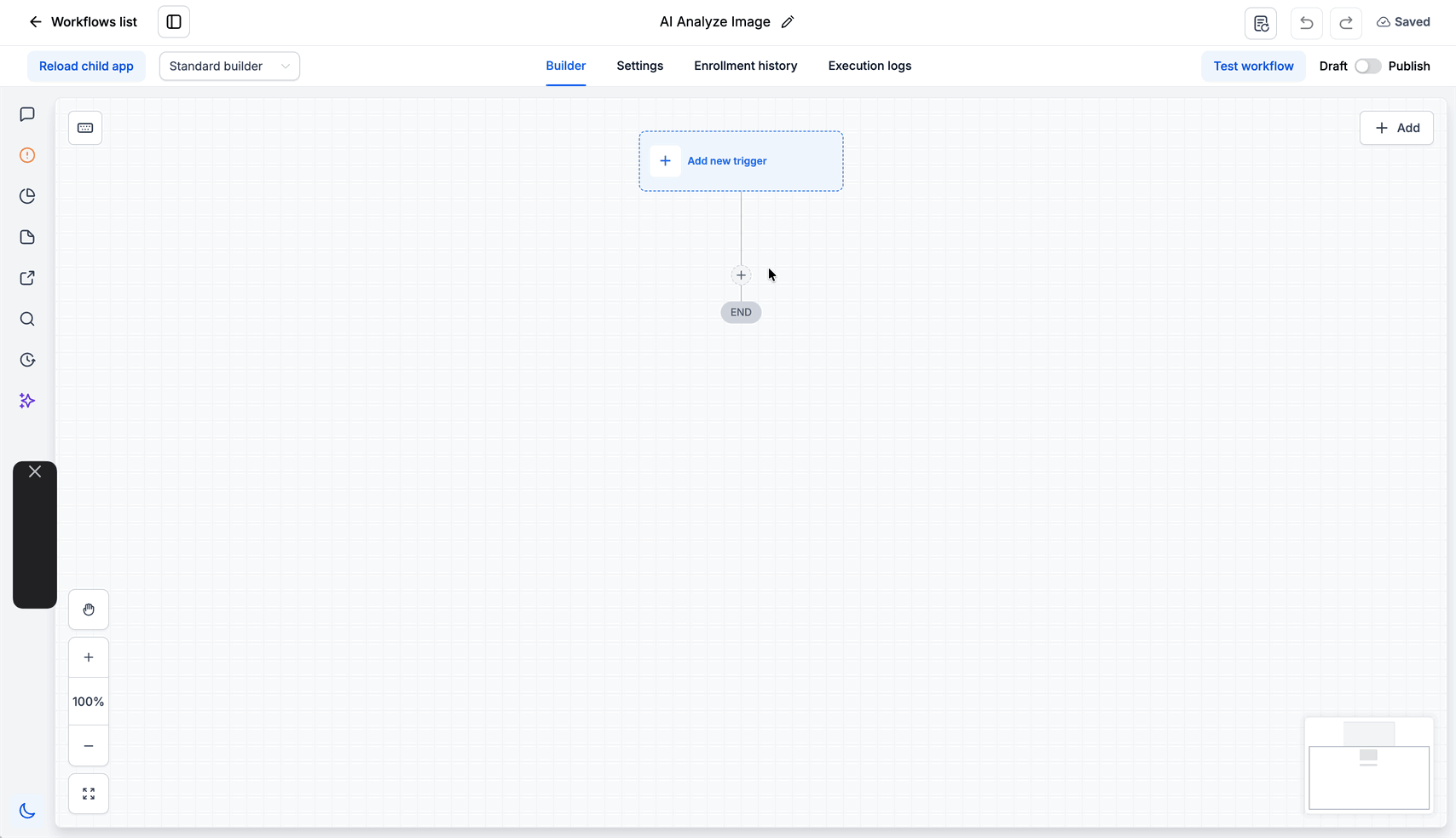Animazione che mostra come aggiungere l'azione Analisi Immagine AI all'interno di un workflow in Futuria CRM.