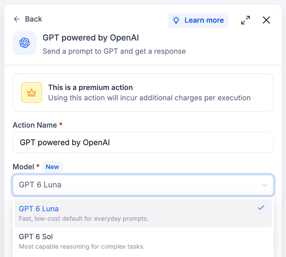 Azione GPT in un workflow con i nuovi modelli GPT-6 disponibili
