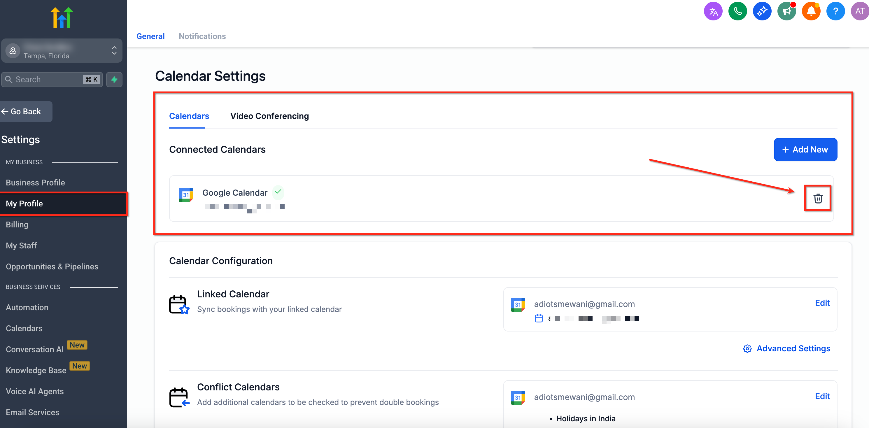 Eliminazione dell'integrazione di Google Calendar dalla sezione Il mio profilo in Futuria CRM.