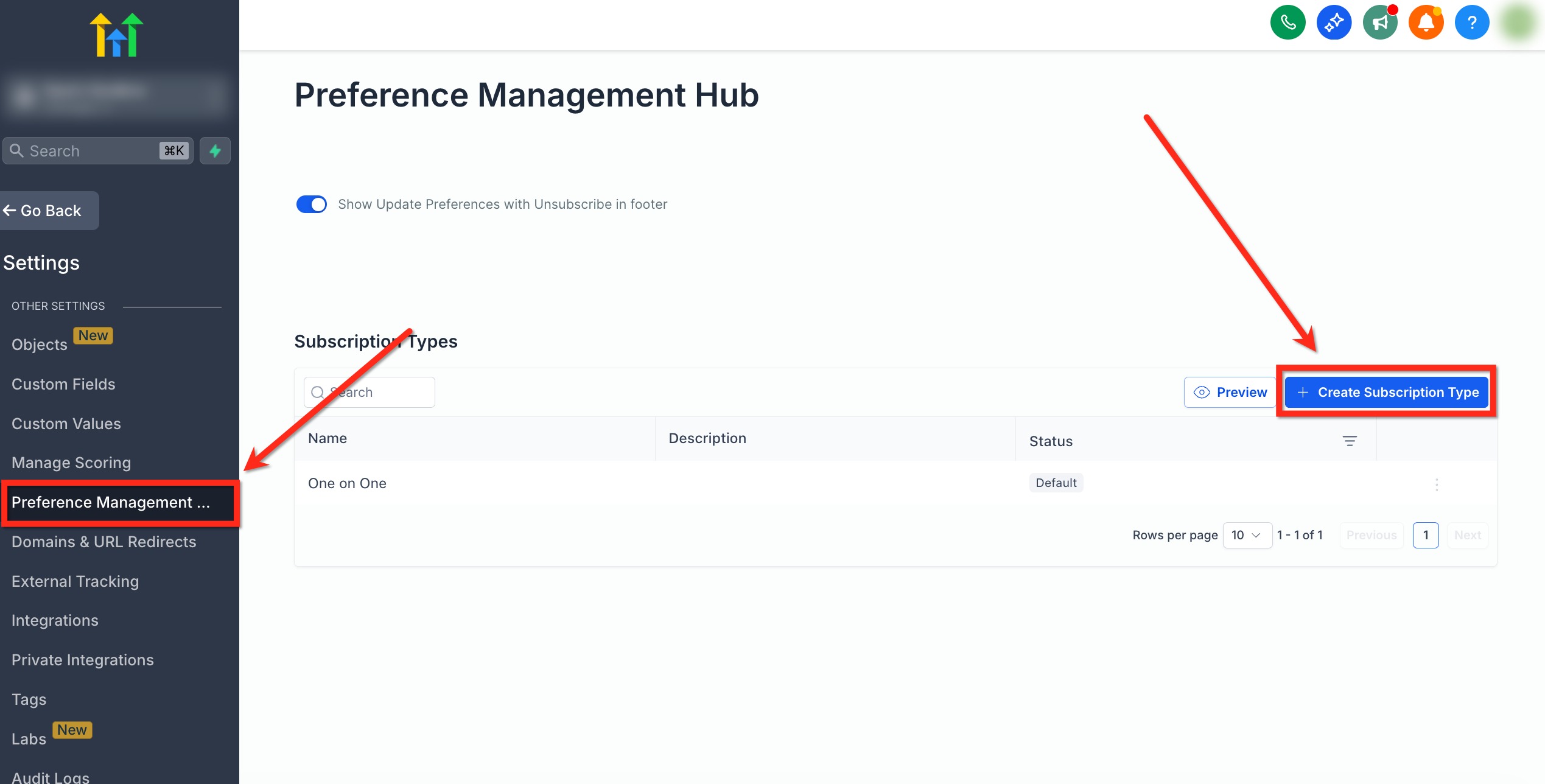 Pulsante per creare un nuovo tipo di iscrizione nell'hub di gestione delle preferenze.