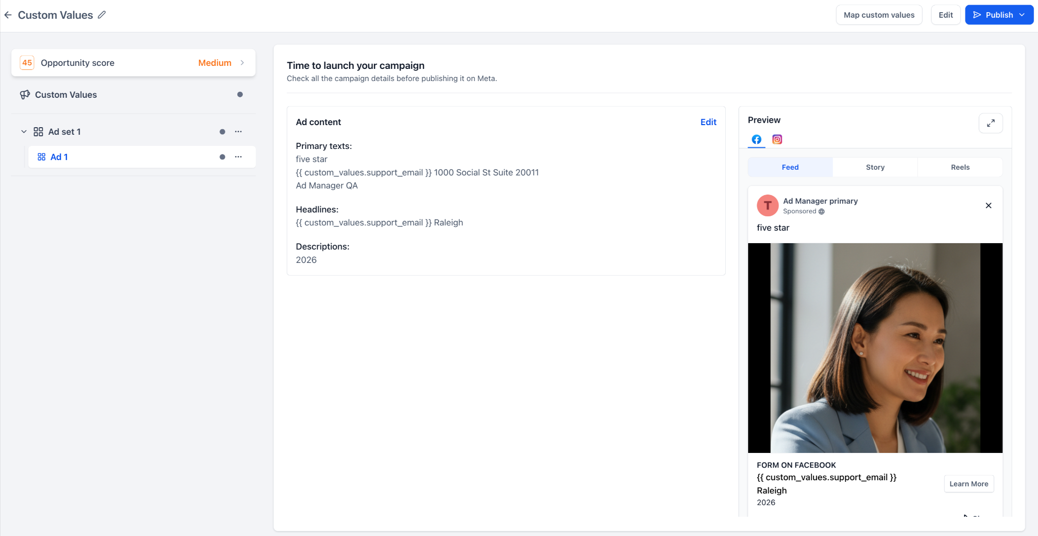 Anteprima di un annuncio pubblicitario con il valore personalizzato visualizzato correttamente nel testo.