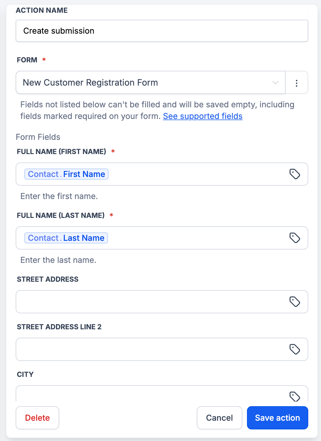 Dettaglio dei campi di Jotform supportati per la mappatura nell'azione 'Crea invio' di Futuria CRM.