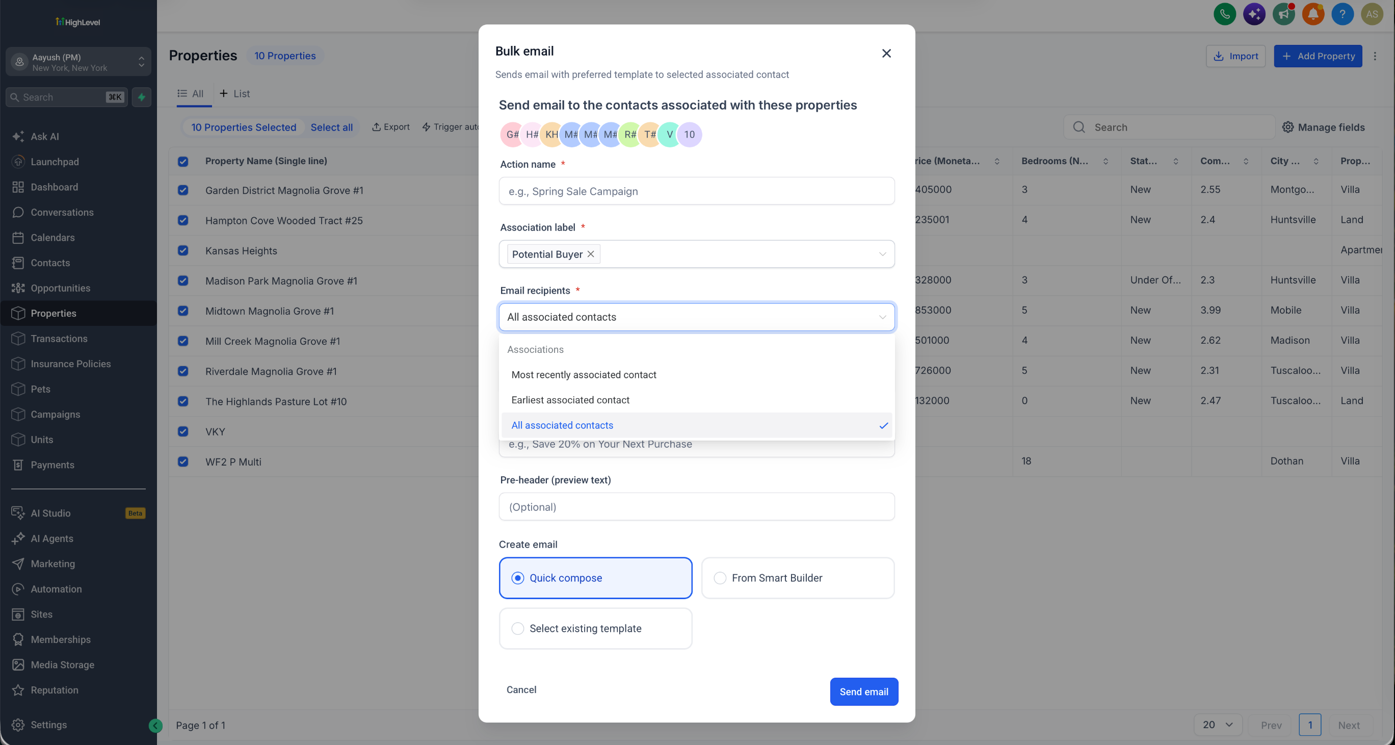 Finestra di dialogo per la selezione dei contatti associati a cui inviare l'email di massa.