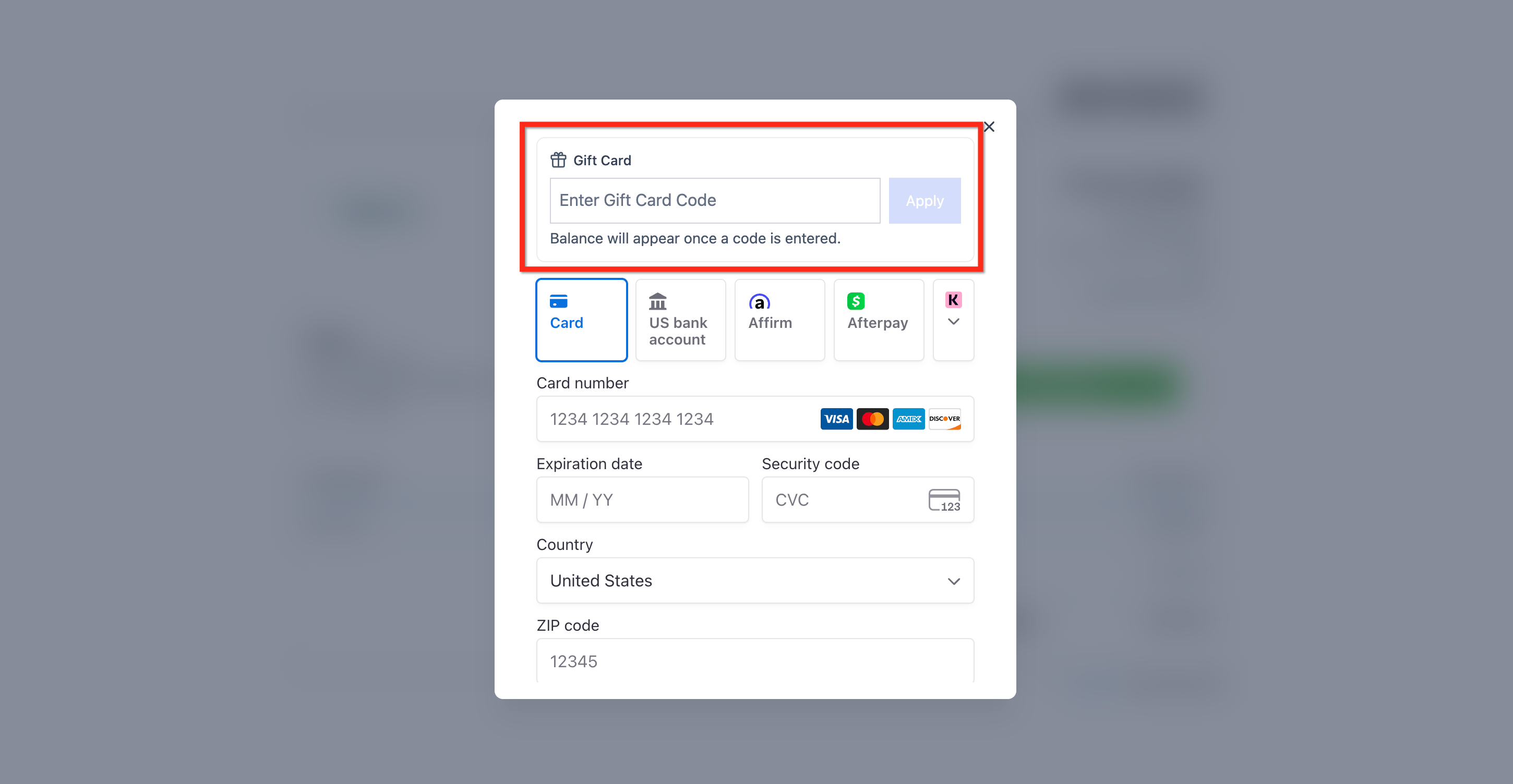 Esempio di riscatto di una gift card durante il processo di pagamento.