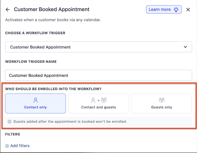 Opzioni di inclusione nel workflow per contatto e ospiti.