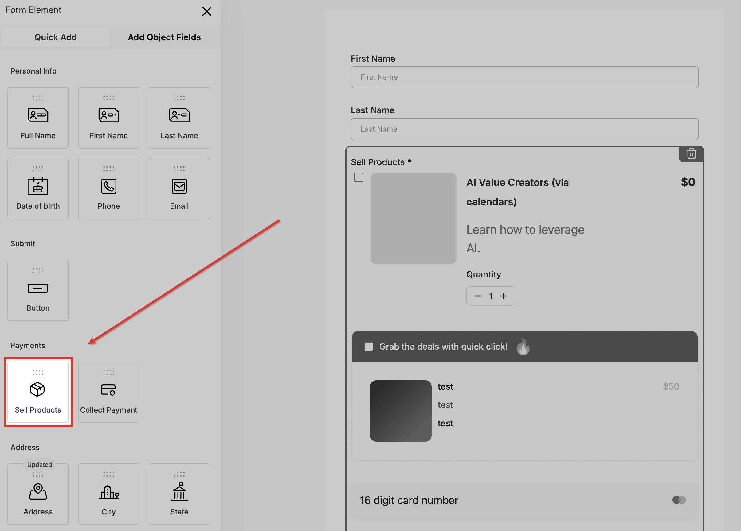 Aggiunta dell'elemento 'Vendi prodotti' a un form in Futuria CRM.