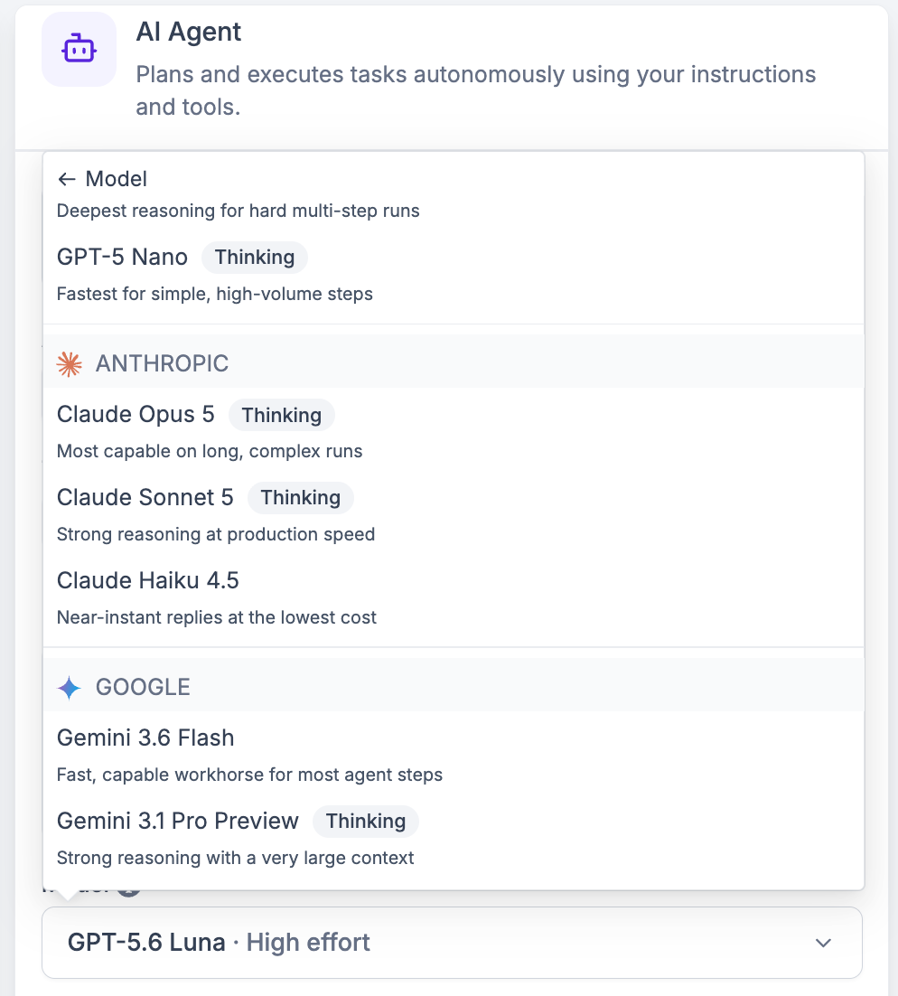 Dettaglio del menu a tendina per la selezione del modello AI, con i modelli raggruppati per fornitore (Anthropic, Google, OpenAI).