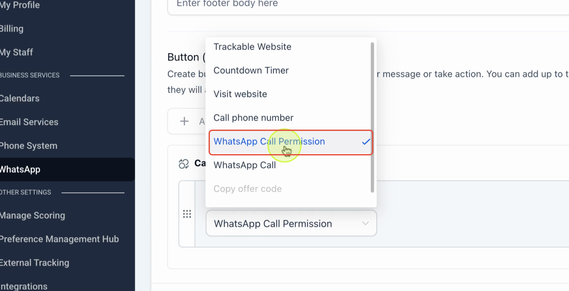 Creazione di un modello WhatsApp con il pulsante di autorizzazione alle chiamate.