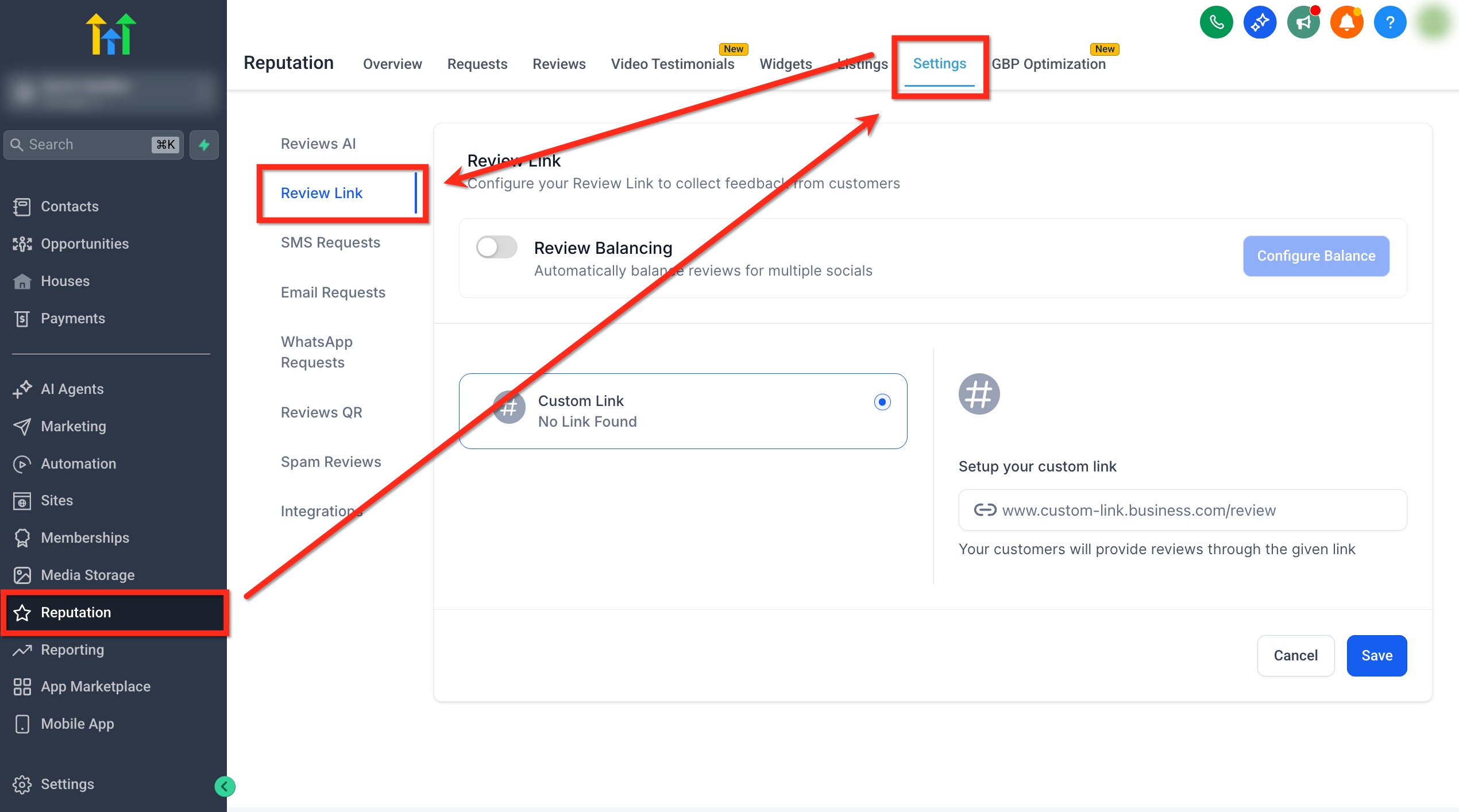 Impostazioni del link per le recensioni in Futuria CRM, con opzioni di bilanciamento e link personalizzato.