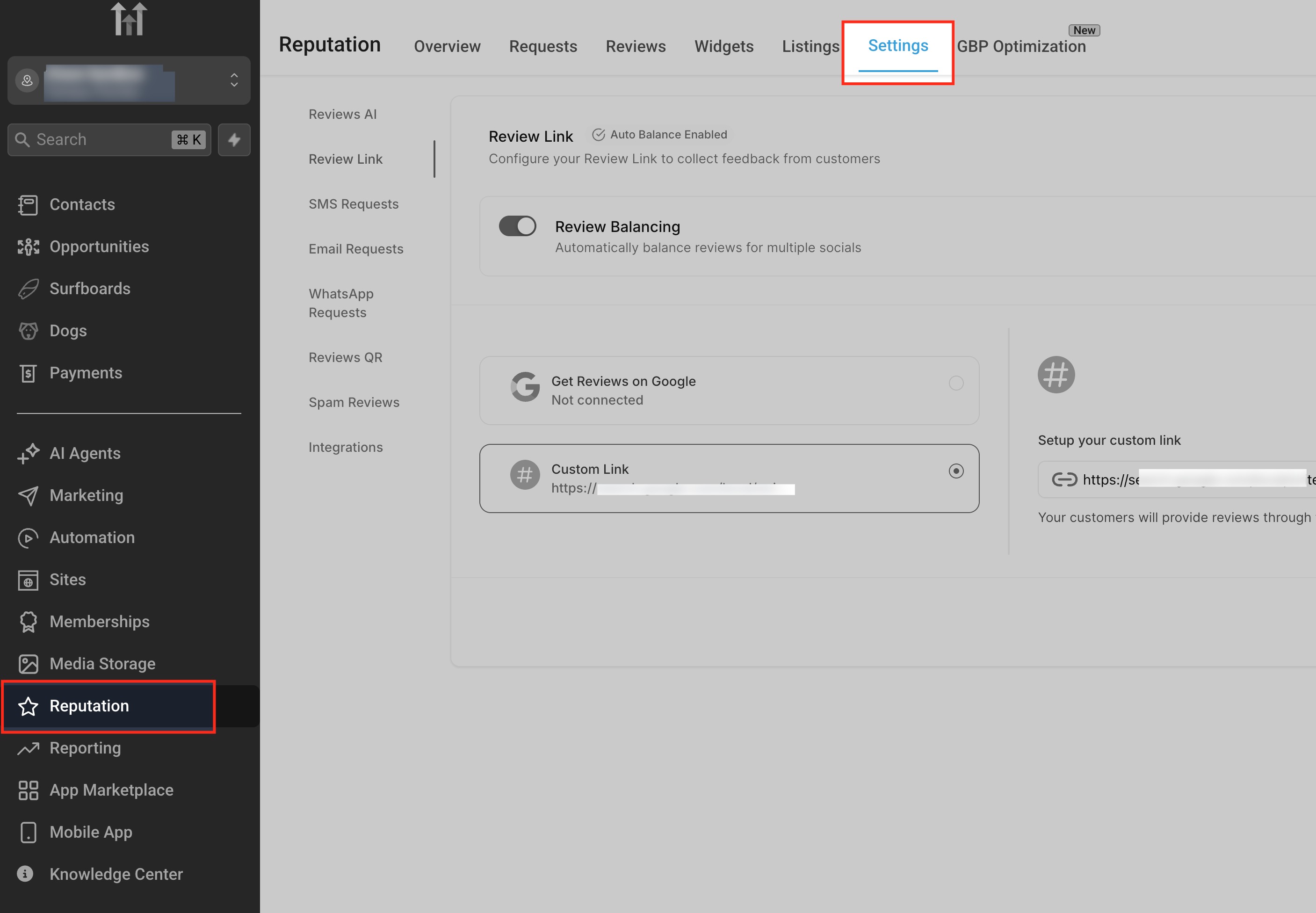 Passo 1: Configurazione del link per le recensioni nelle impostazioni di Reputazione.