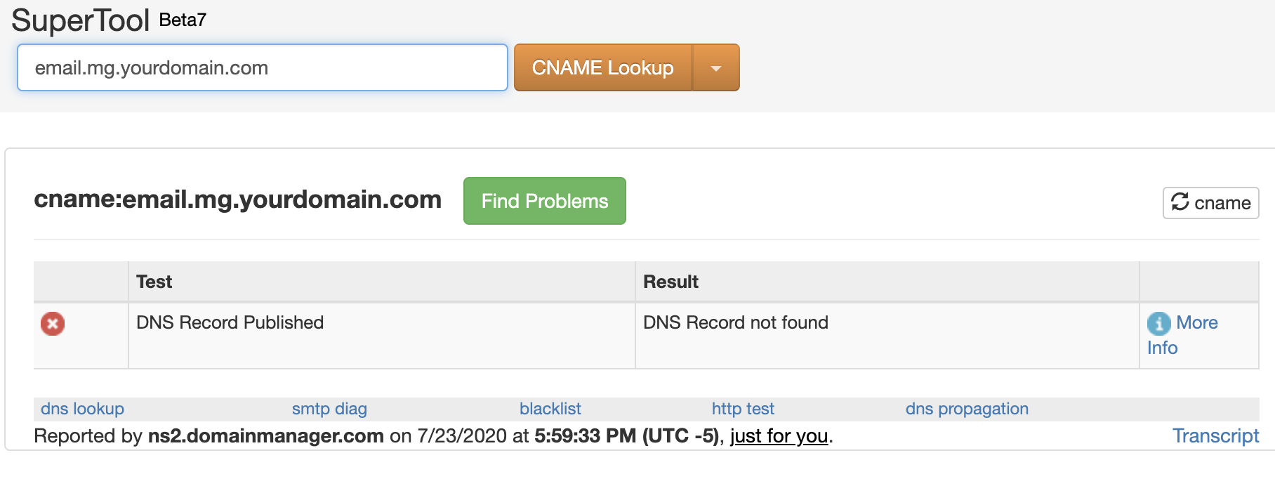 Esempio di ricerca CNAME su MXToolbox che mostra l'errore 'DNS record non trovato'.