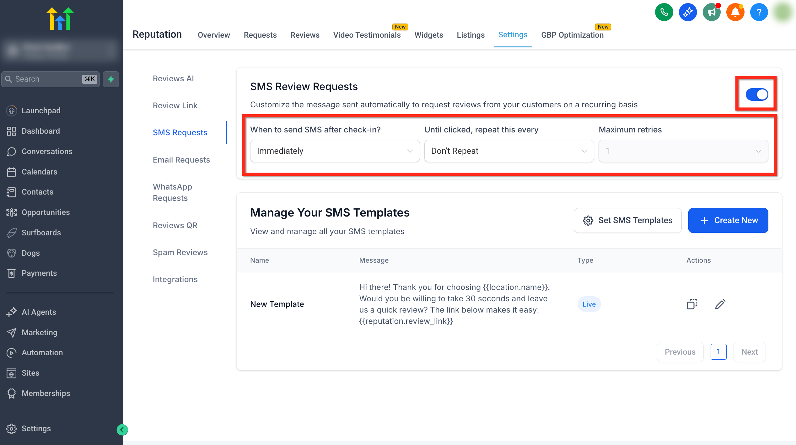 Controlli per impostare la frequenza di invio e il numero massimo di tentativi per gli SMS di richiesta recensione.