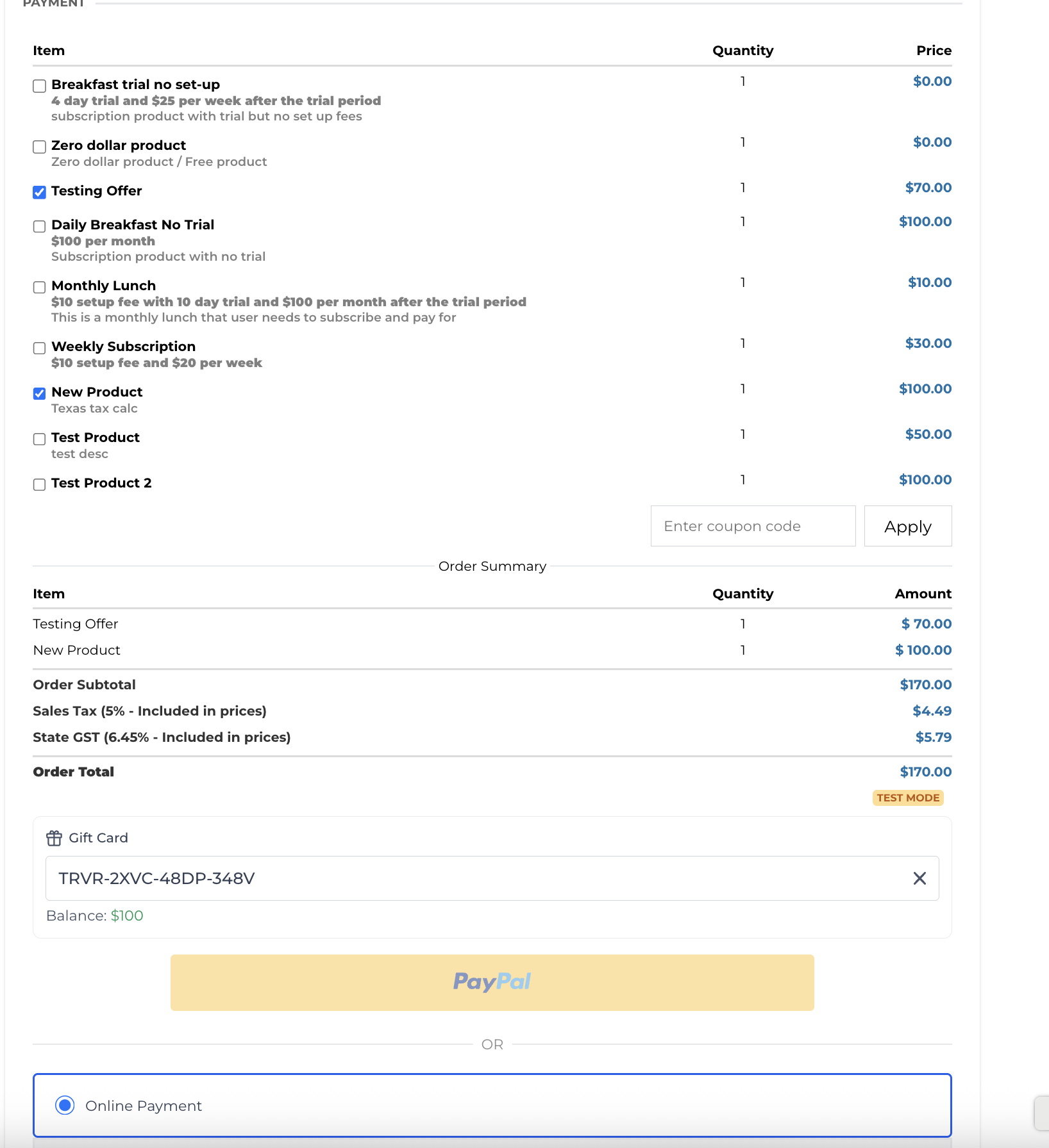 Checkout che richiede un pagamento aggiuntivo perché il saldo della gift card è insufficiente.