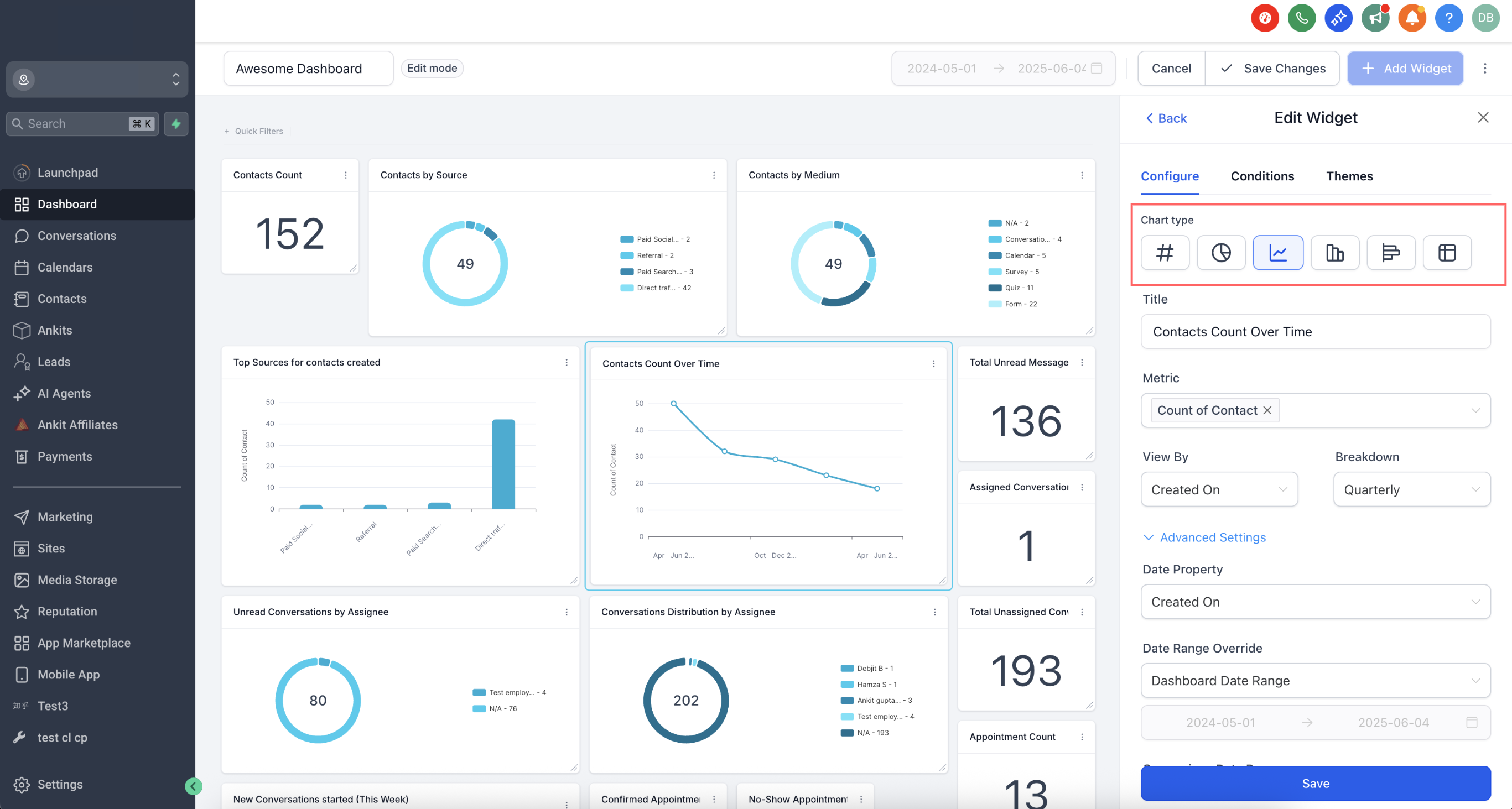 Selettore del tipo di grafico nelle impostazioni del widget di Futuria CRM.
