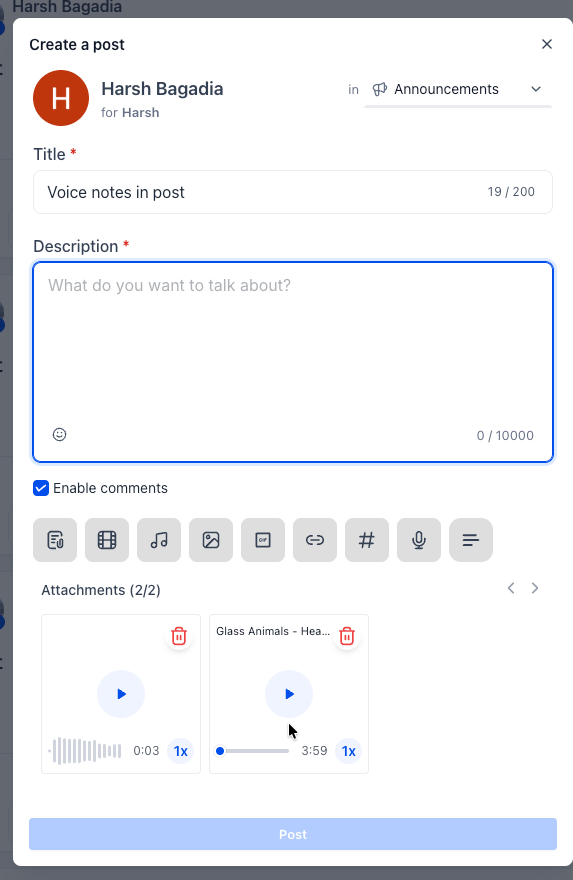 Esempio di un file audio allegato a un post nella Community di Futuria CRM.