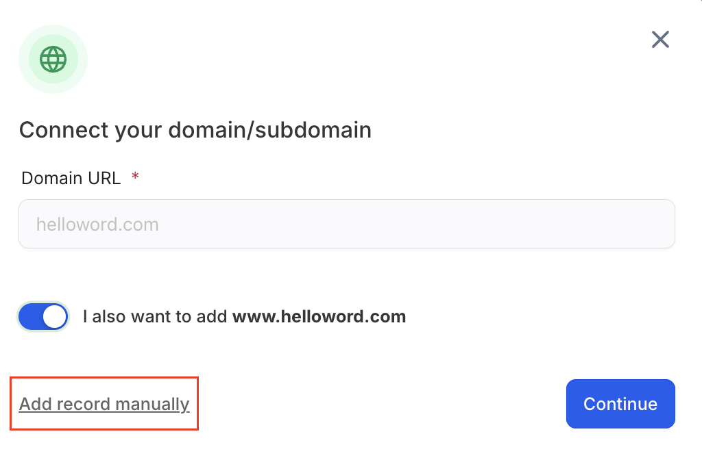 Opzione per aggiungere manualmente i record DNS in Futuria CRM.