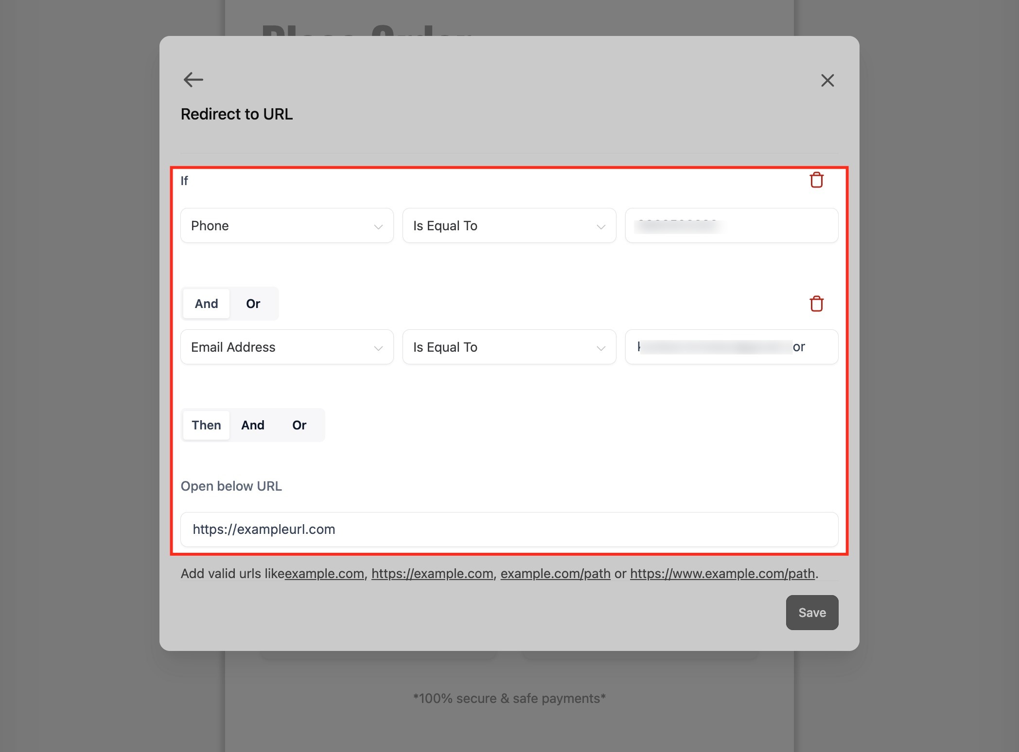 Impostazione di un'azione di reindirizzamento a un URL.
