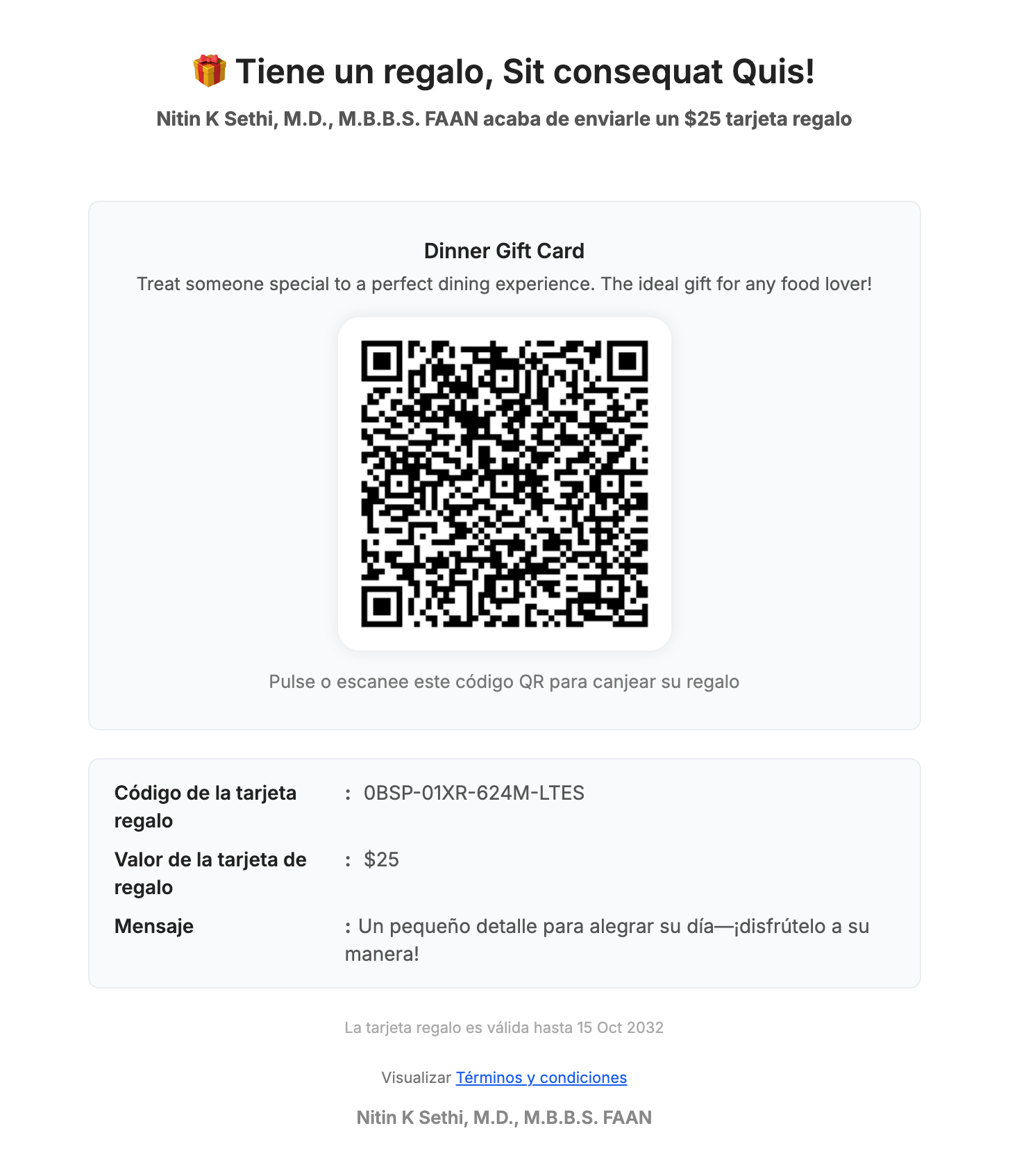 Anteprima di un'email per una Gift Card tradotta in un'altra lingua.