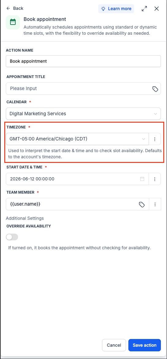 Schermata dell'azione Prenota Appuntamento in Futuria CRM che mostra il nuovo campo per la selezione del fuso orario.